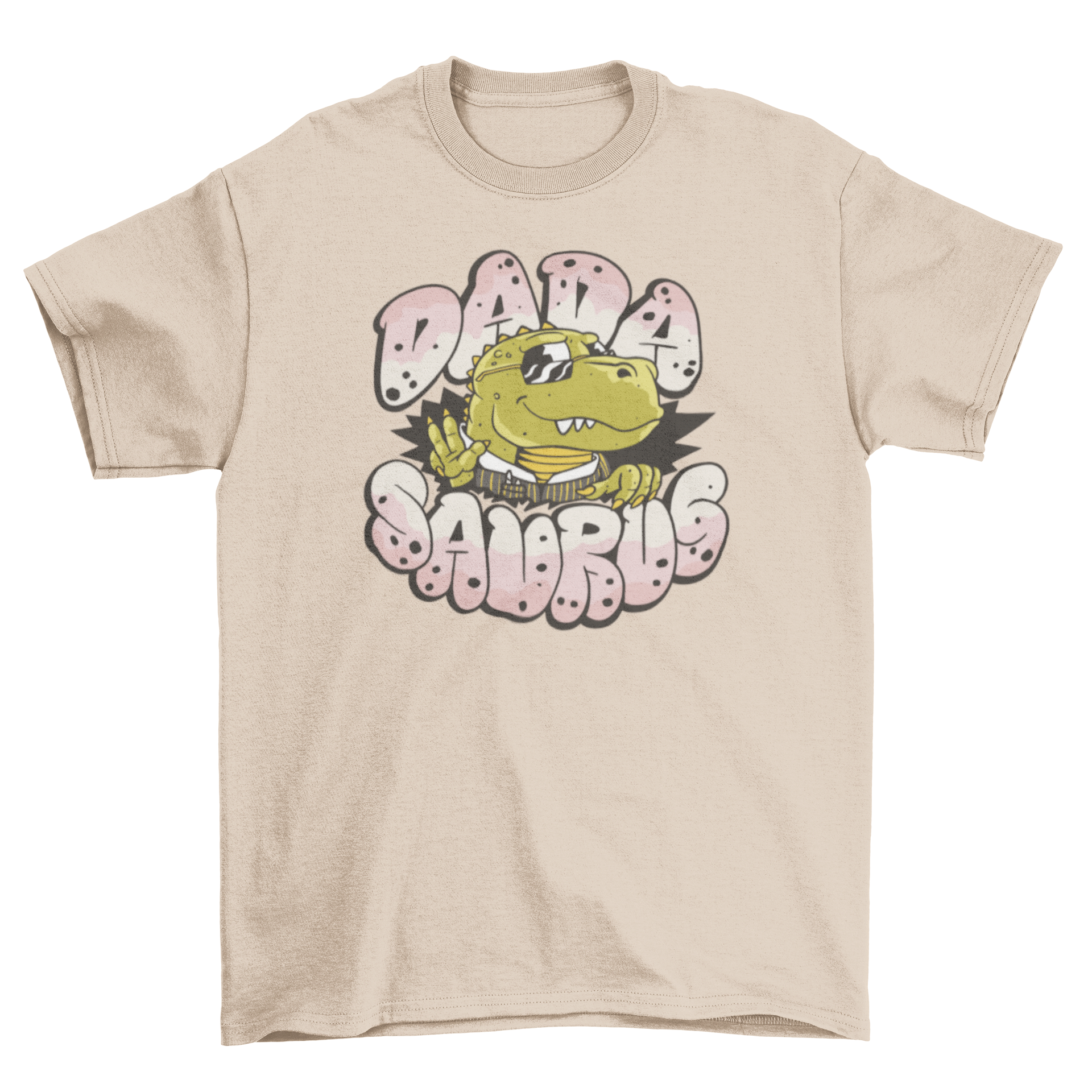 A colorful cartoon t-shirt featuring a T-Rex dinosaur with the quote 'Dada Saurus', perfect for dinosaur lovers.