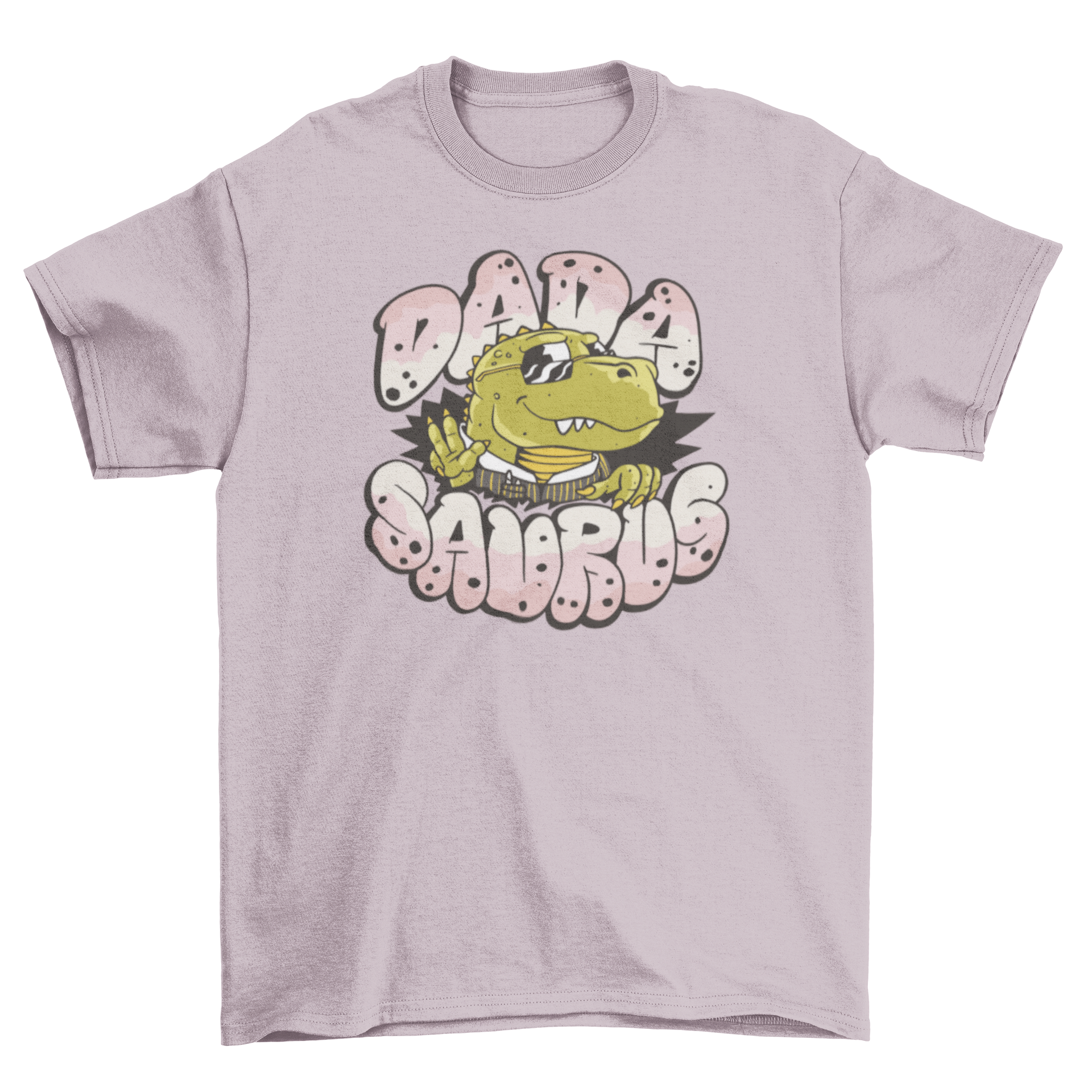 A colorful cartoon t-shirt featuring a T-Rex dinosaur with the quote 'Dada Saurus', perfect for dinosaur lovers.