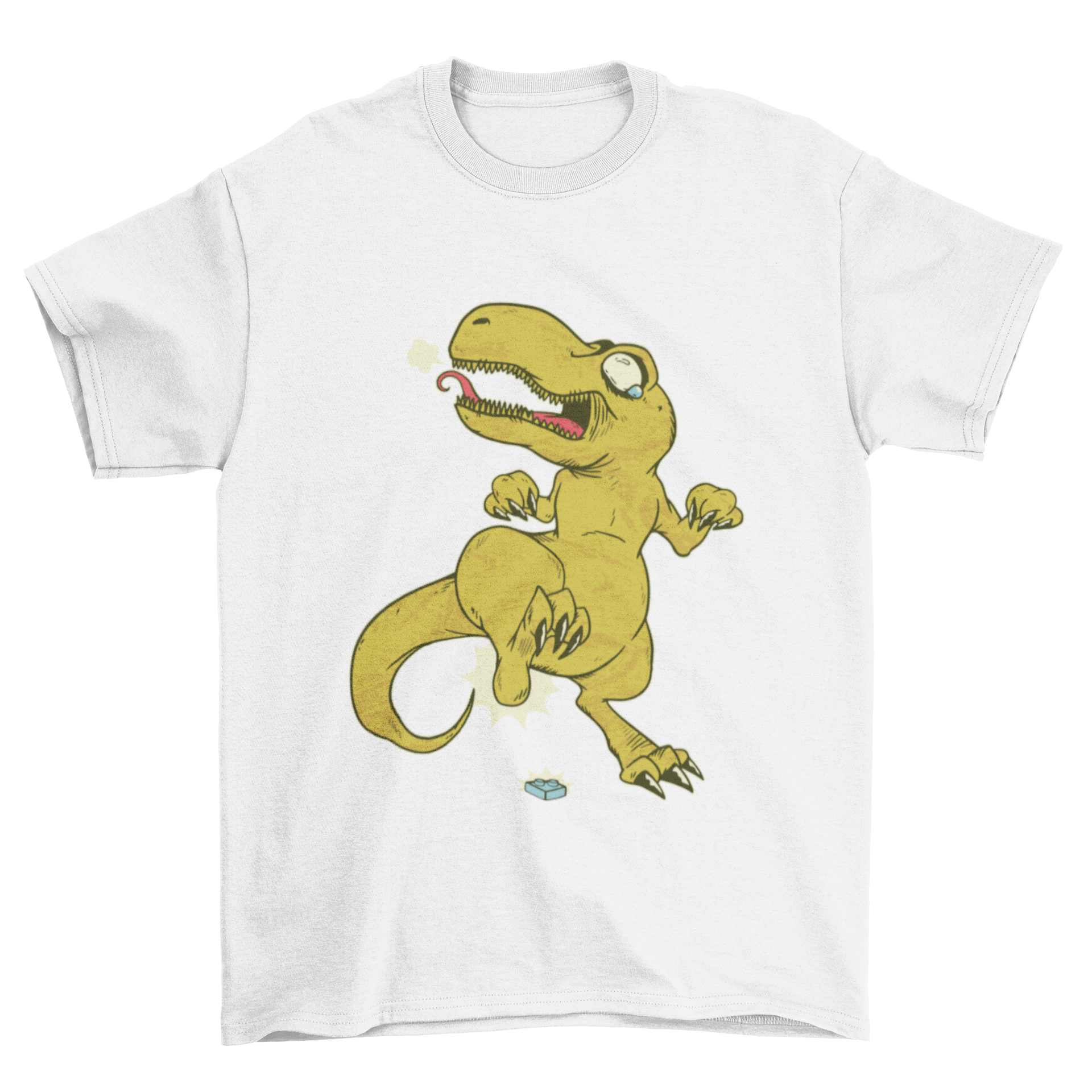 A humorous T-rex T-shirt featuring a T-rex in pain while stomping on a rock, showcasing a playful design.