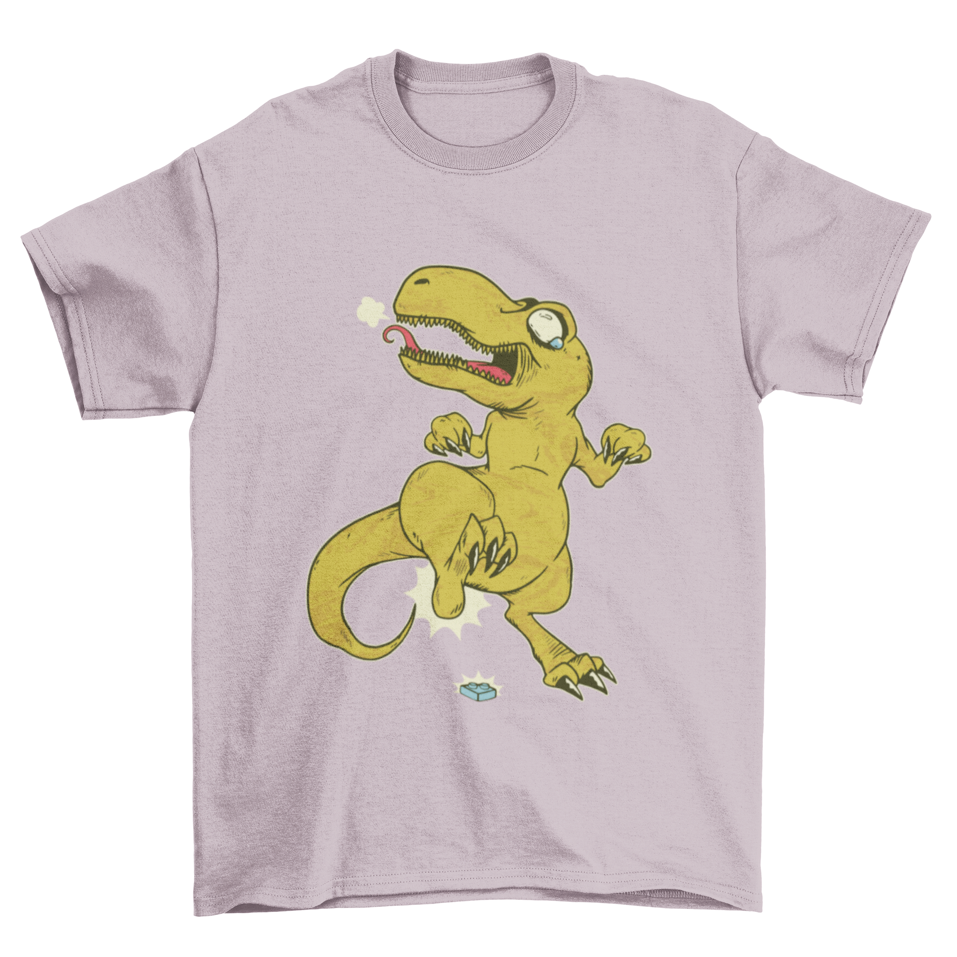 A humorous T-rex T-shirt featuring a T-rex in pain while stomping on a rock, showcasing a playful design.