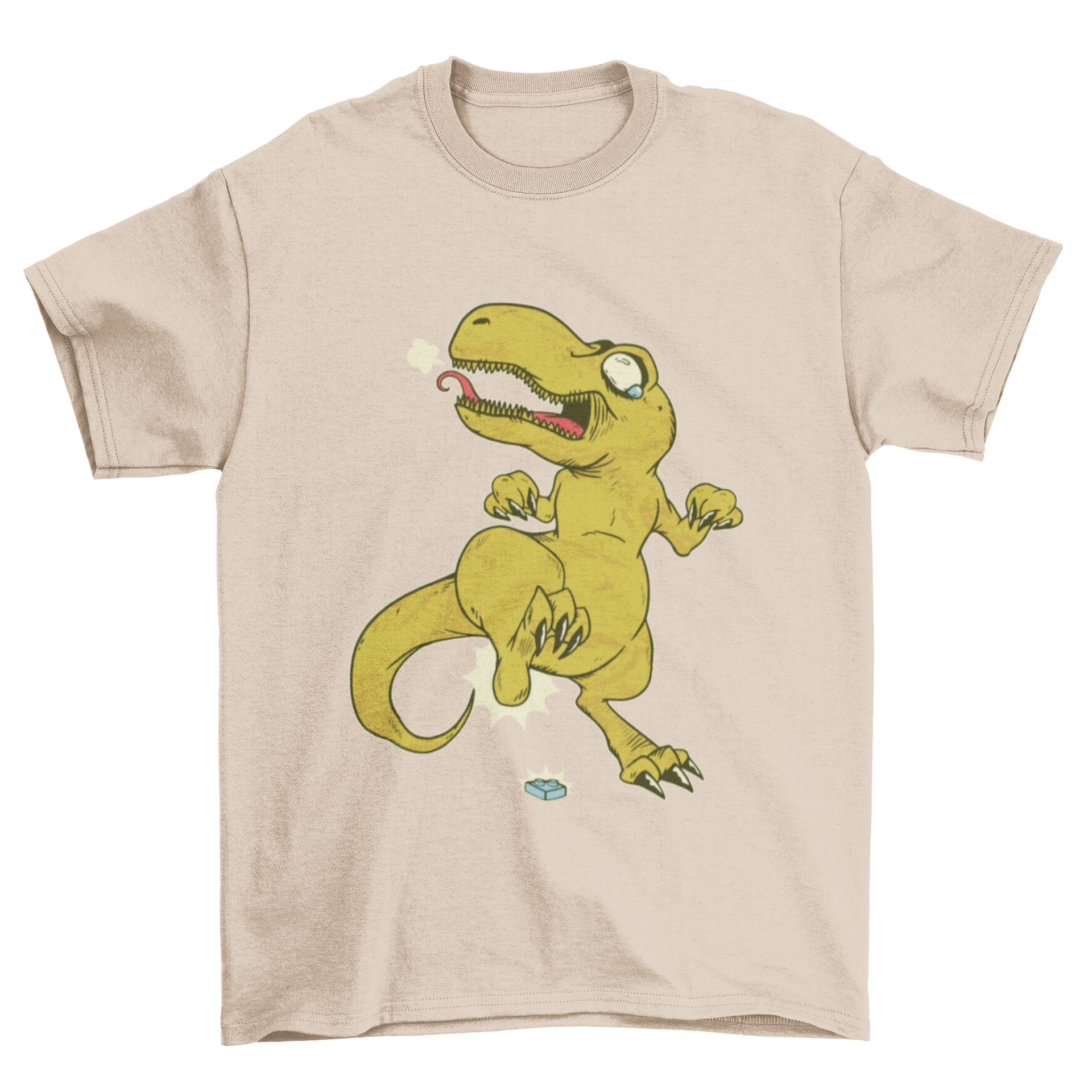 A humorous T-rex T-shirt featuring a T-rex in pain while stomping on a rock, showcasing a playful design.