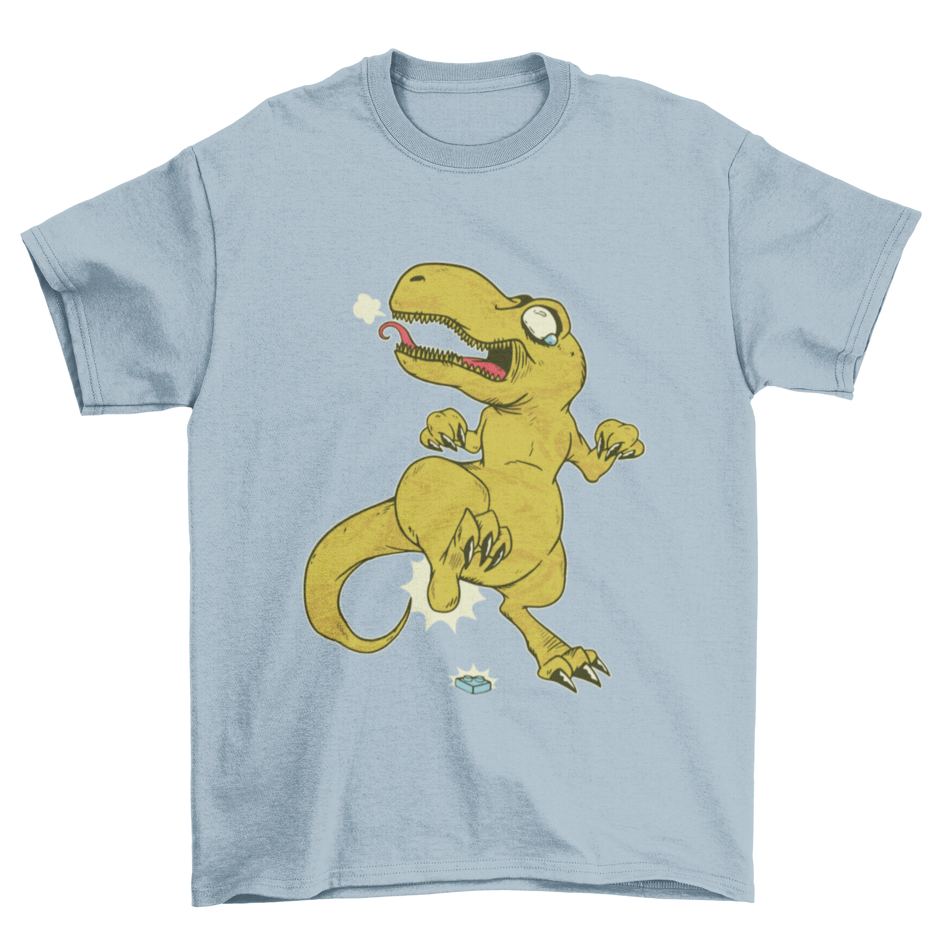 A humorous T-rex T-shirt featuring a T-rex in pain while stomping on a rock, showcasing a playful design.