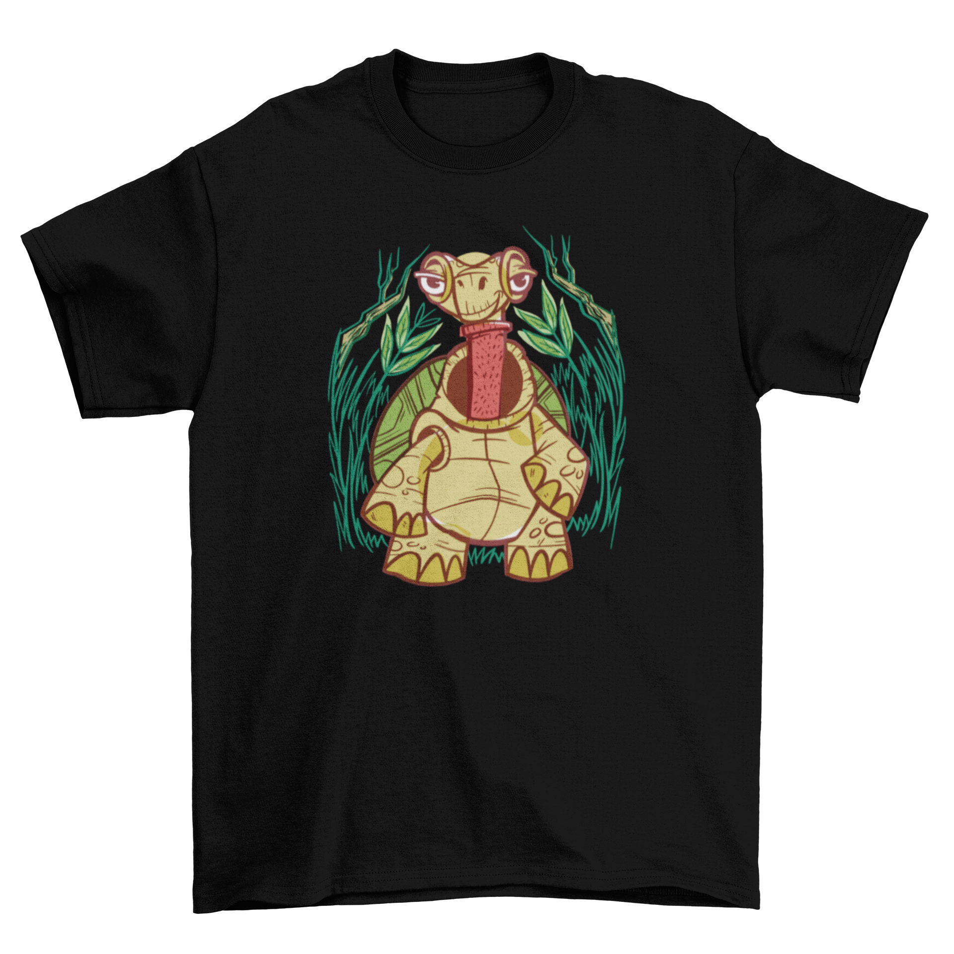 A humorous t-shirt featuring a turtle wearing a turtle neck, showcasing a playful design.