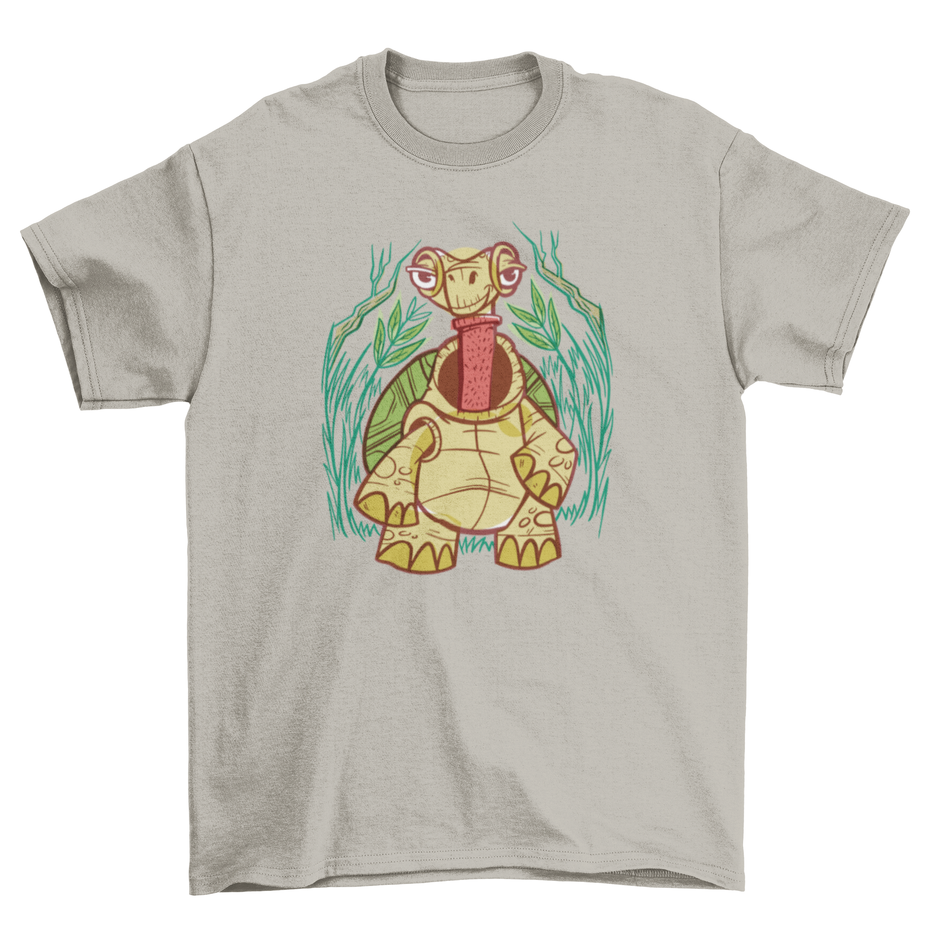 A humorous t-shirt featuring a turtle wearing a turtle neck, showcasing a playful design.