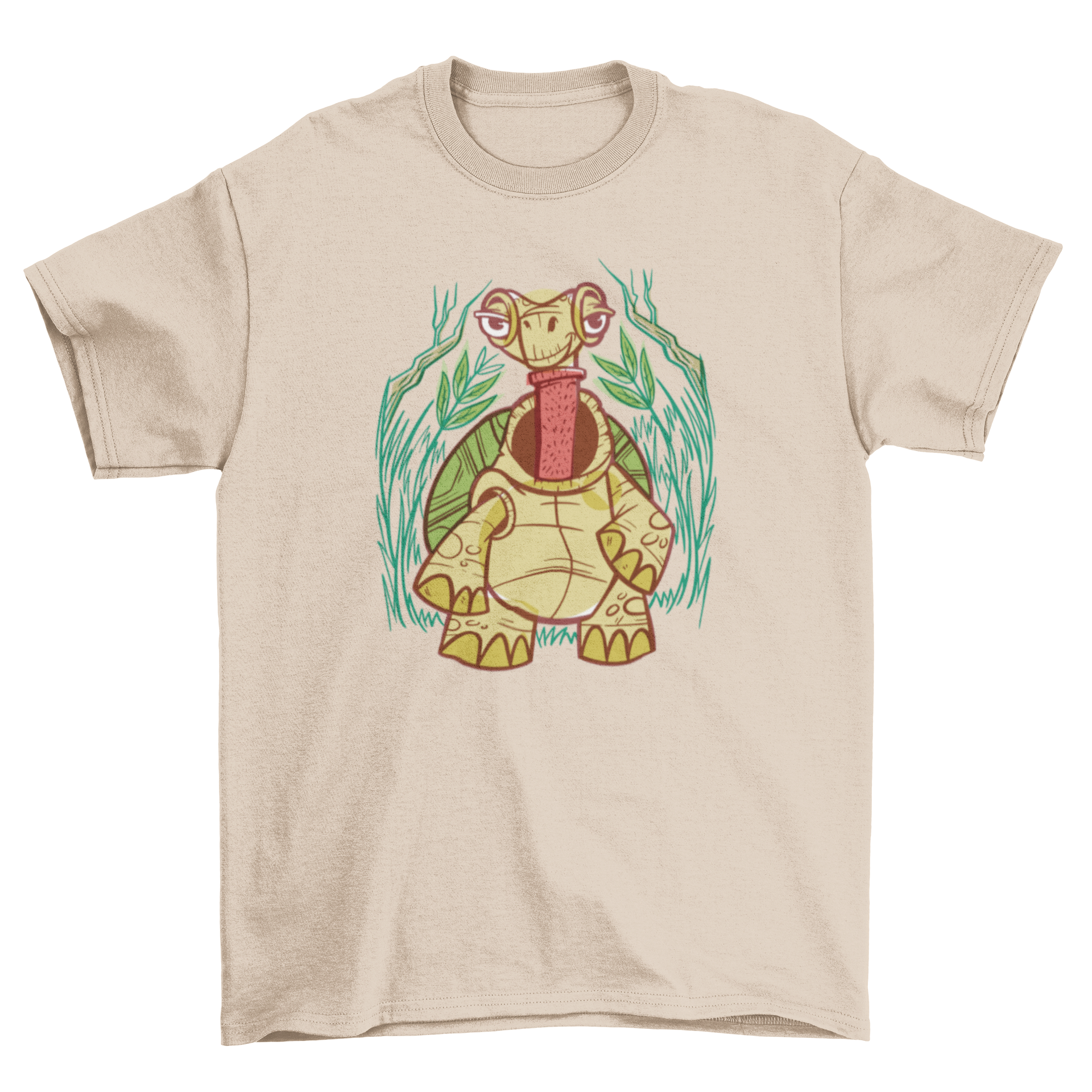 A humorous t-shirt featuring a turtle wearing a turtle neck, showcasing a playful design.