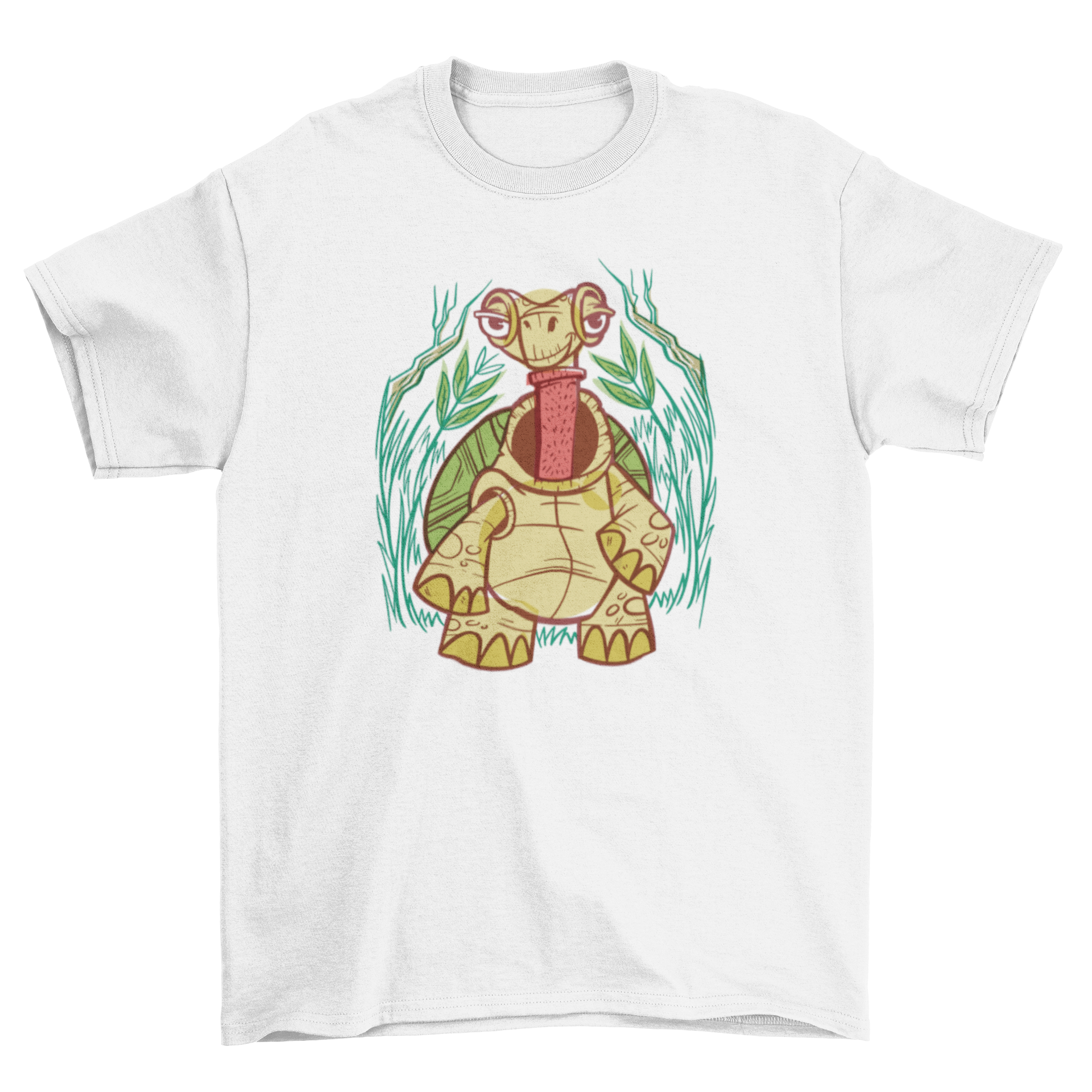 A humorous t-shirt featuring a turtle wearing a turtle neck, showcasing a playful design.