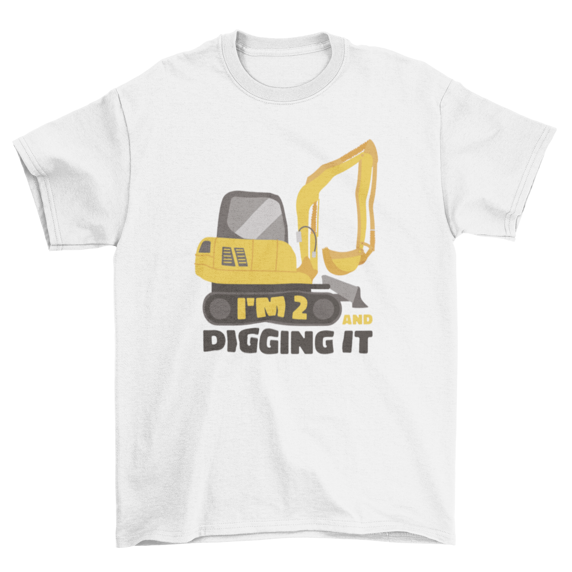 A bright yellow t-shirt featuring a playful excavator graphic and the quote 'I'm 2 and digging it', perfect for toddlers.