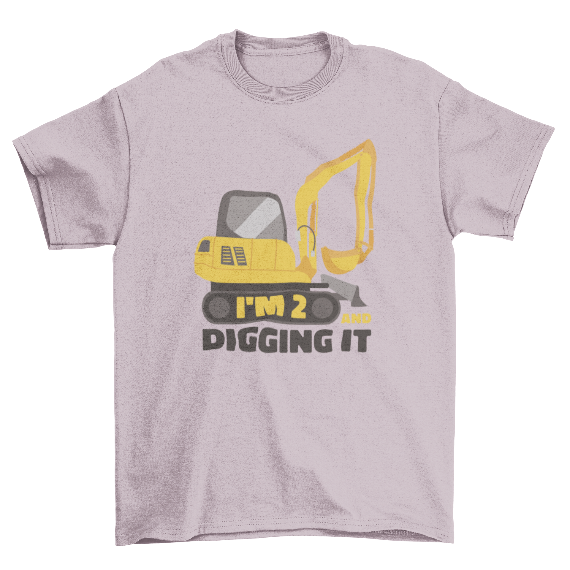 A bright yellow t-shirt featuring a playful excavator graphic and the quote 'I'm 2 and digging it', perfect for toddlers.