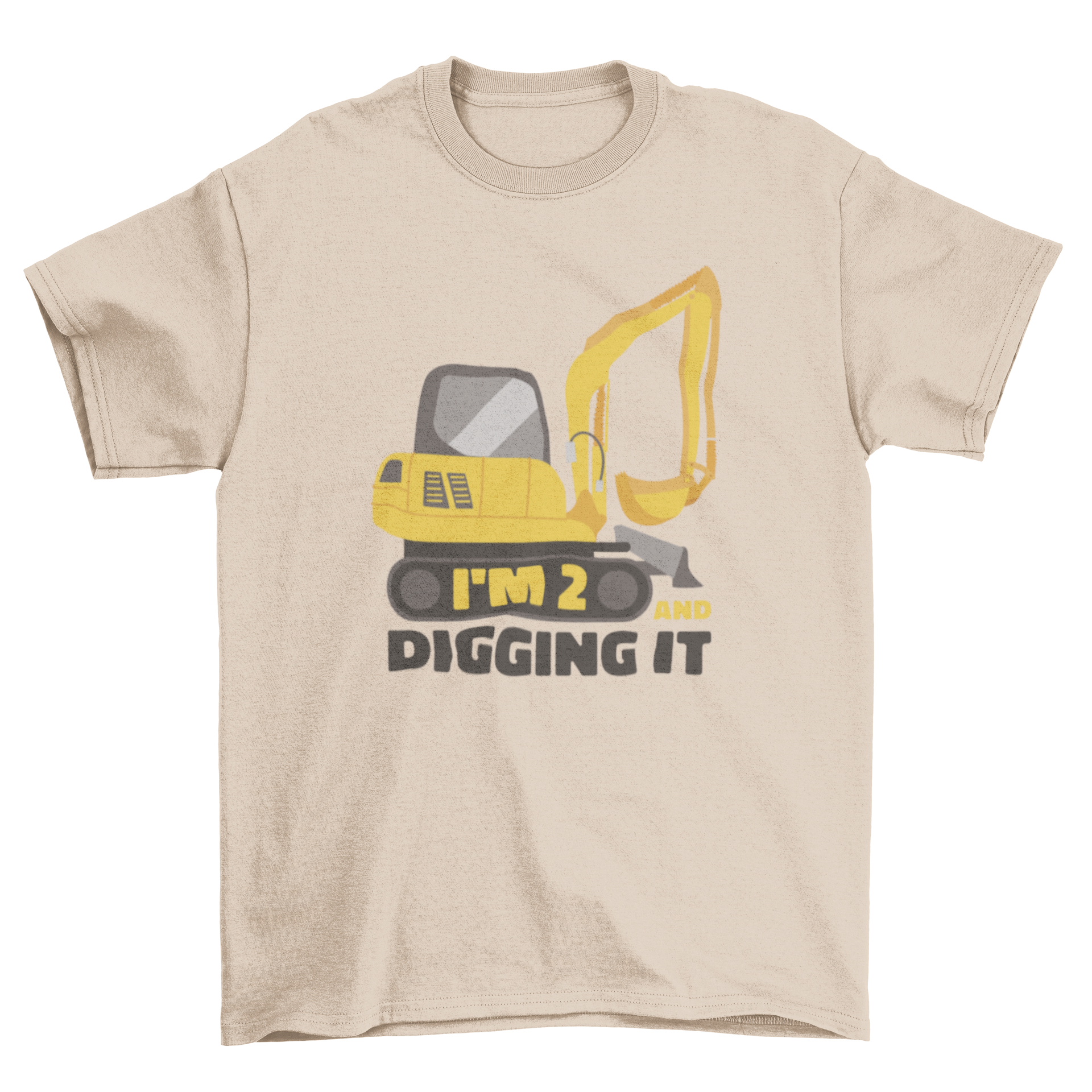 A bright yellow t-shirt featuring a playful excavator graphic and the quote 'I'm 2 and digging it', perfect for toddlers.