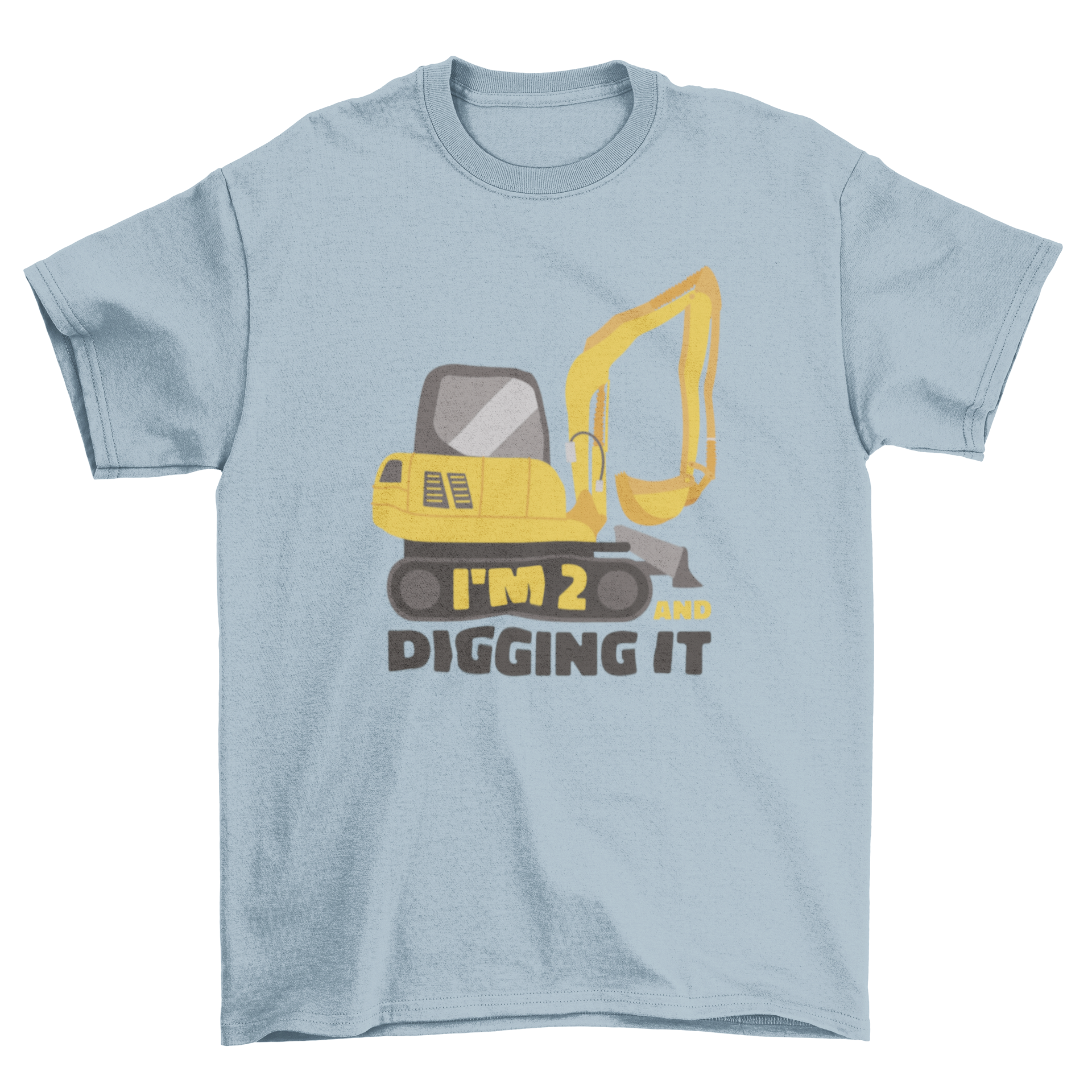 A bright yellow t-shirt featuring a playful excavator graphic and the quote 'I'm 2 and digging it', perfect for toddlers.