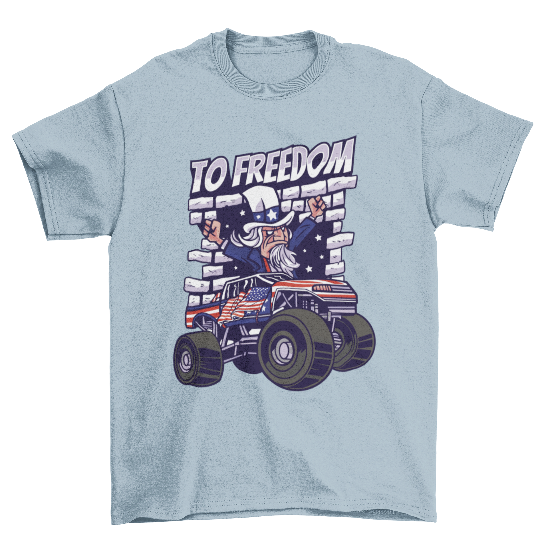 Funny Uncle Sam t-shirt design featuring Uncle Sam in a truck with the quote 'To freedom'.