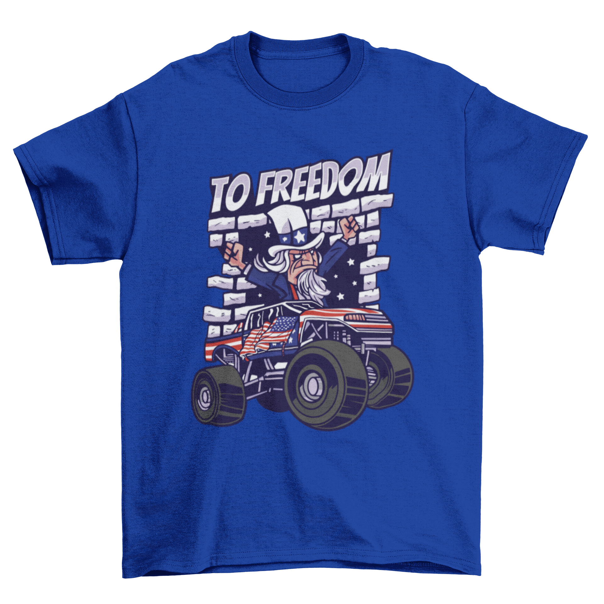 Funny Uncle Sam t-shirt design featuring Uncle Sam in a truck with the quote 'To freedom'.