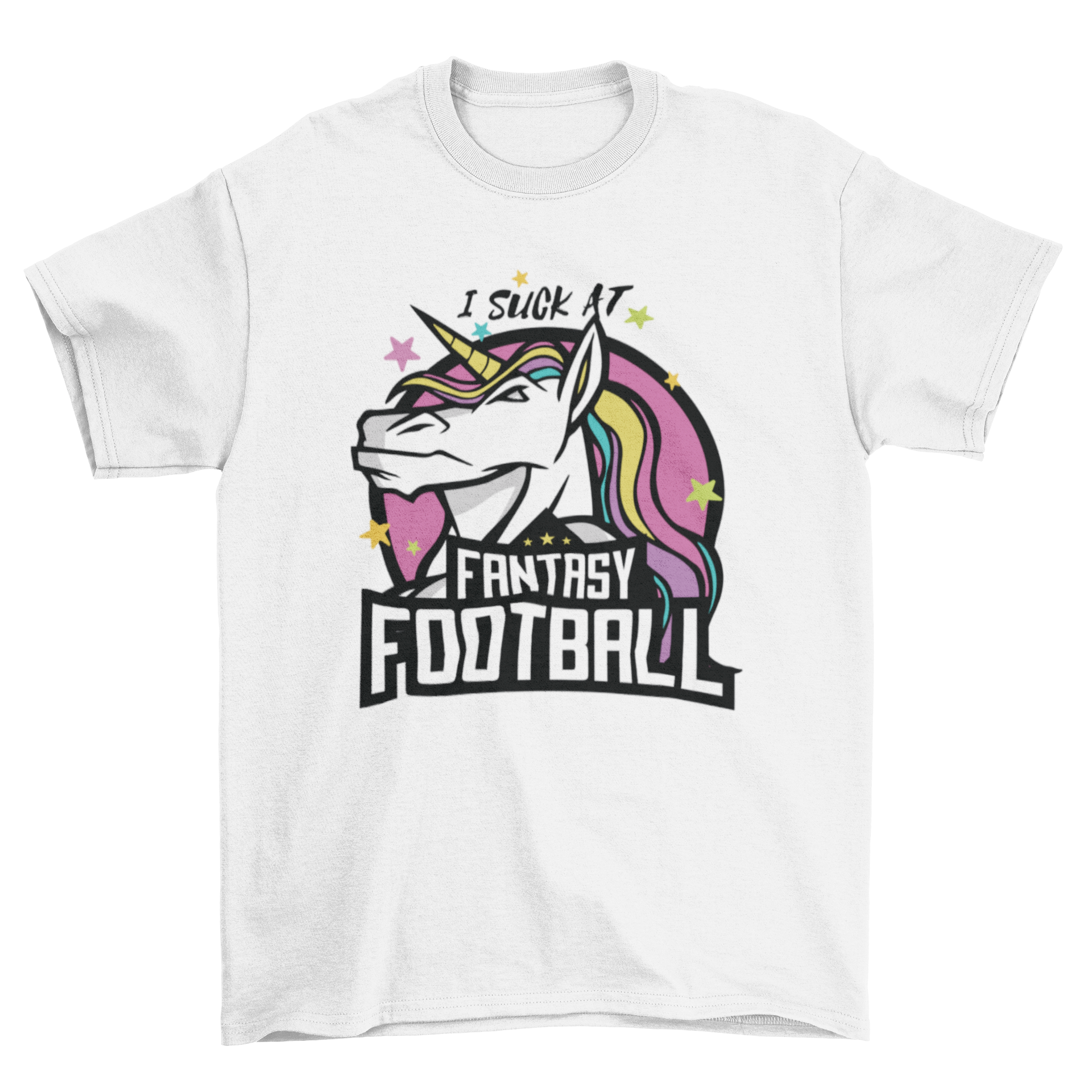 A colorful t-shirt featuring a unicorn and the quote 'I SUCK AT FANTASY FOOTBALL', perfect for fantasy football fans.