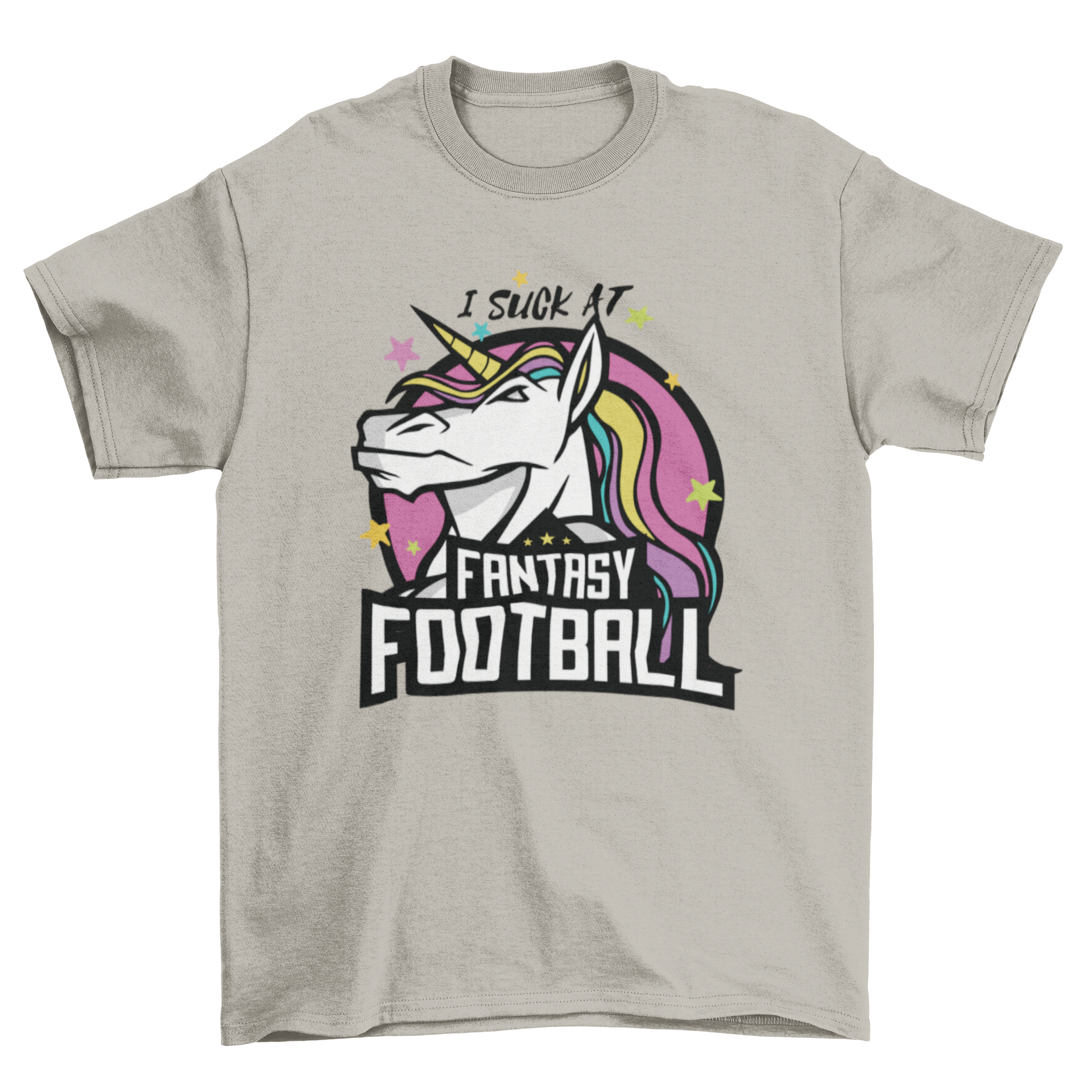 A colorful t-shirt featuring a unicorn and the quote 'I SUCK AT FANTASY FOOTBALL', perfect for fantasy football fans.