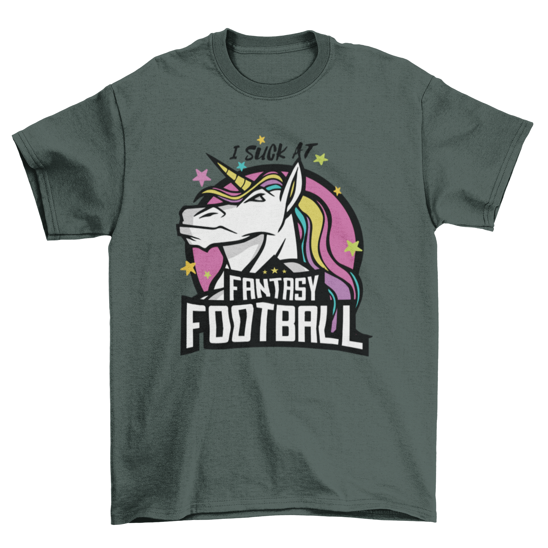 A colorful t-shirt featuring a unicorn and the quote 'I SUCK AT FANTASY FOOTBALL', perfect for fantasy football fans.