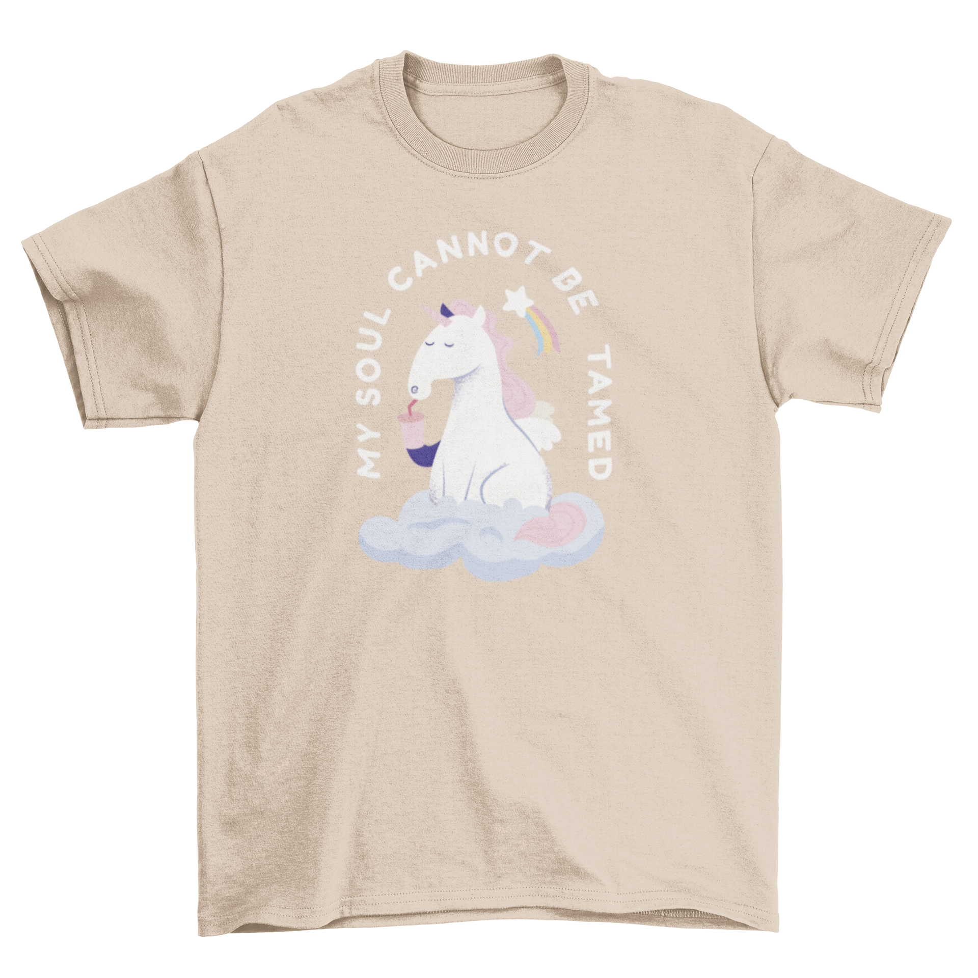 A colorful t-shirt featuring a whimsical unicorn drinking from a straw with the quote 'My soul cannot be tamed'.