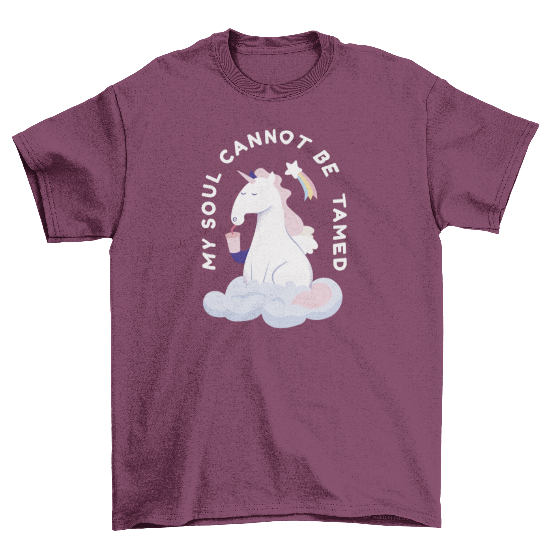 A colorful t-shirt featuring a whimsical unicorn drinking from a straw with the quote 'My soul cannot be tamed'.