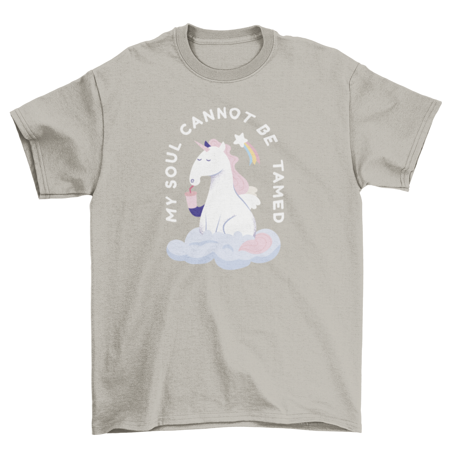 A colorful t-shirt featuring a whimsical unicorn drinking from a straw with the quote 'My soul cannot be tamed'.