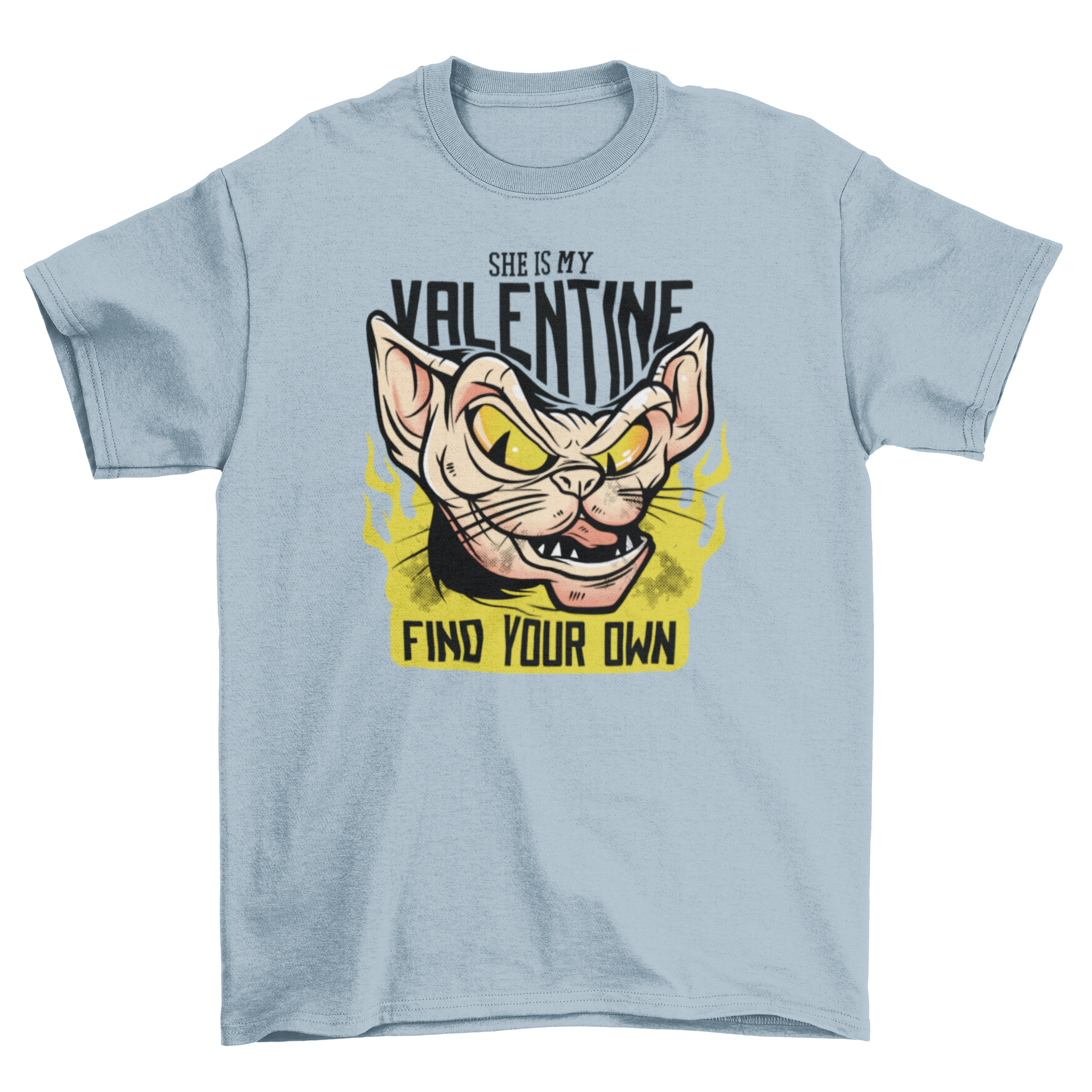 Funny Valentine's Day t-shirt featuring an angry cat and a humorous quote.