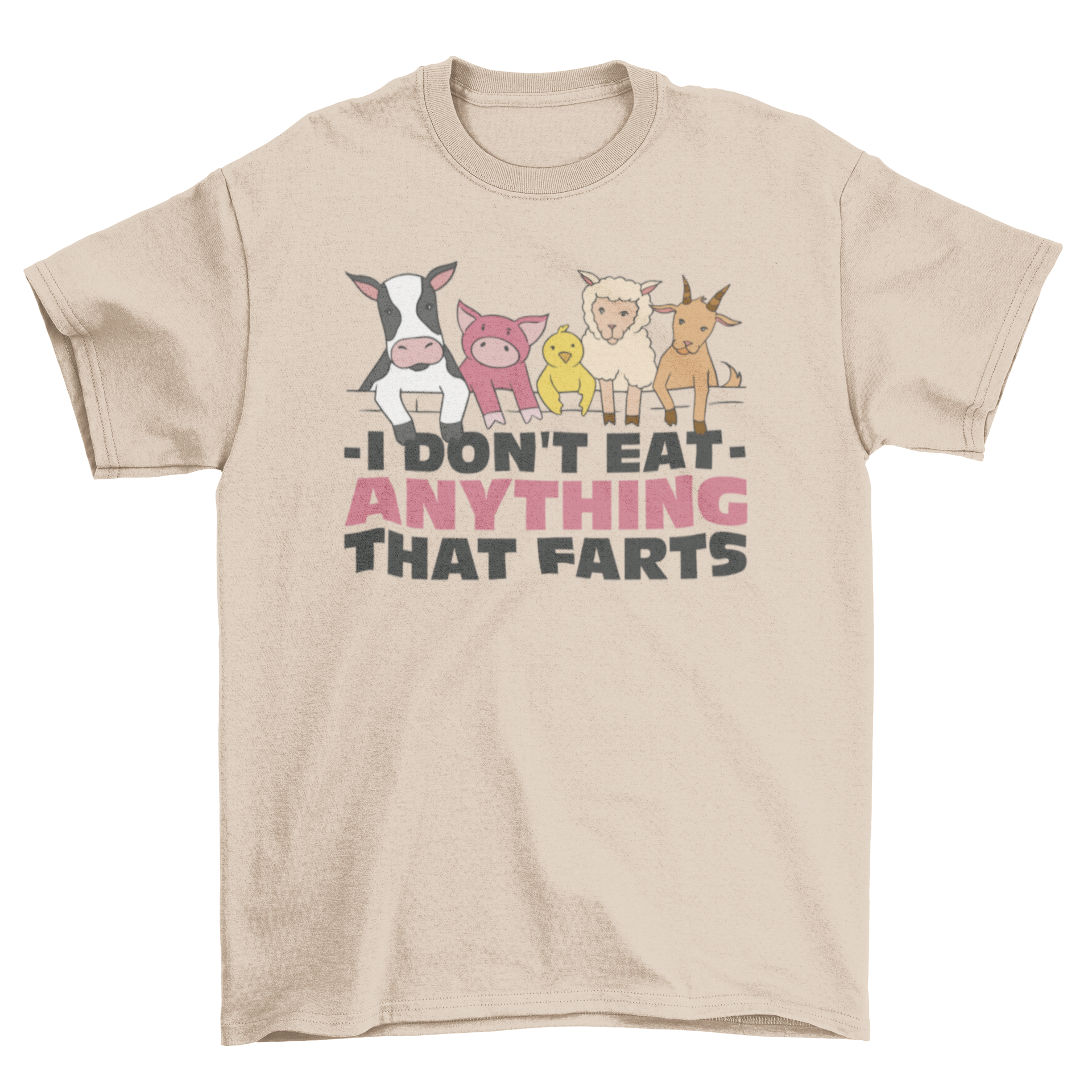 Funny vegan quote t-shirt featuring farm animals and the quote 'I don't eat anything that farts'.