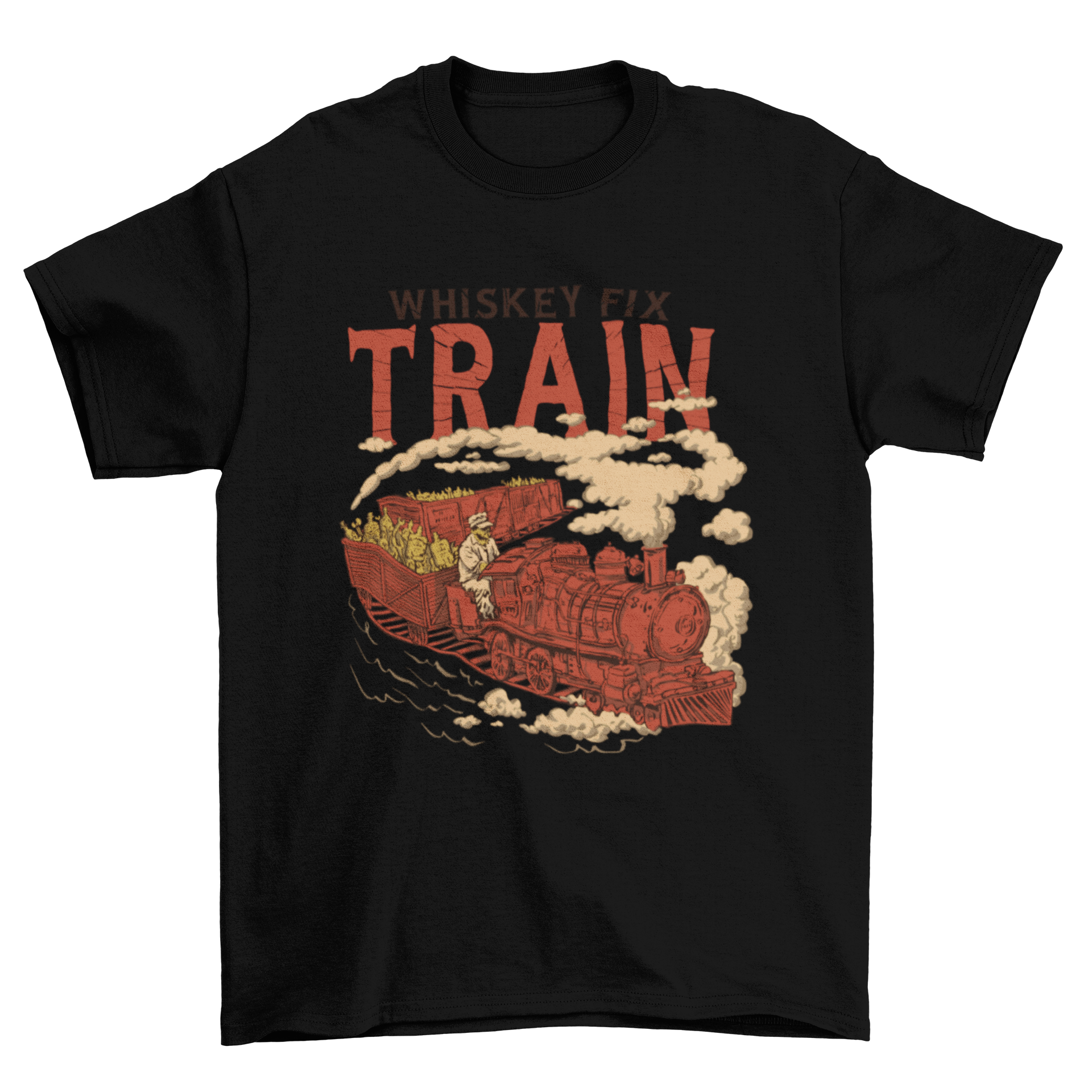 A colorful t-shirt design featuring a whimsical train carrying whiskey bottles and wrenches with the caption 'Whiskey Fix Train'.