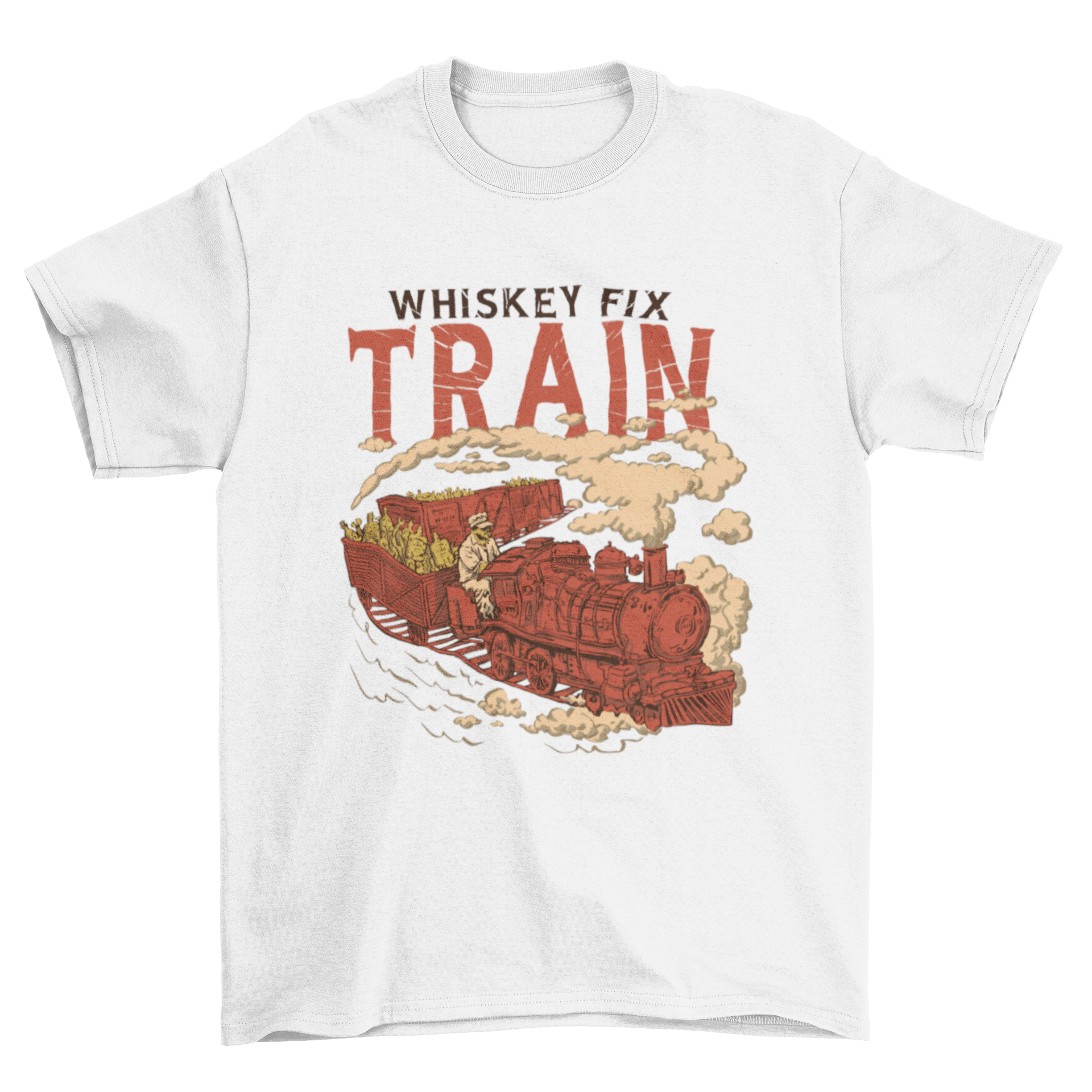 A colorful t-shirt design featuring a whimsical train carrying whiskey bottles and wrenches with the caption 'Whiskey Fix Train'.