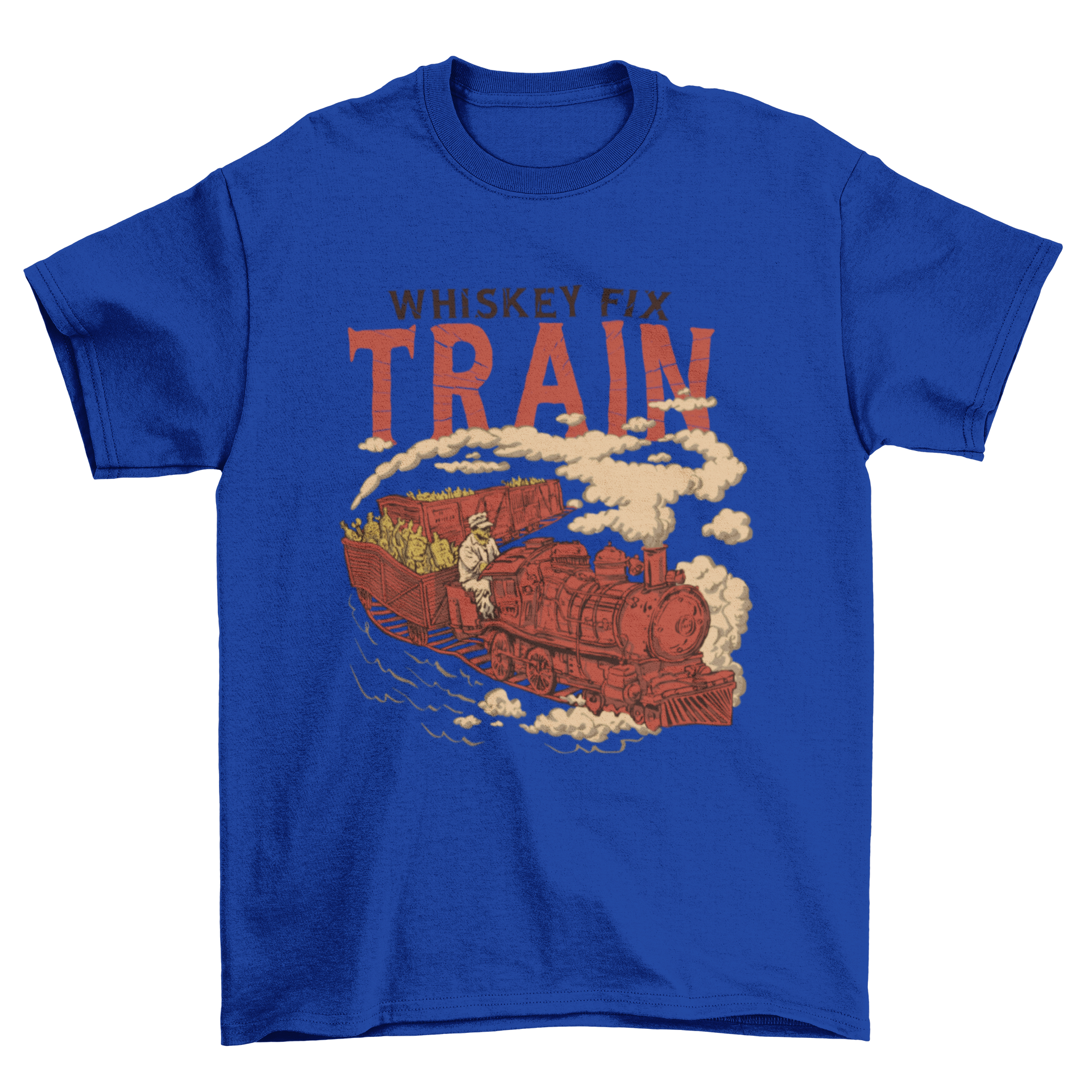 A colorful t-shirt design featuring a whimsical train carrying whiskey bottles and wrenches with the caption 'Whiskey Fix Train'.