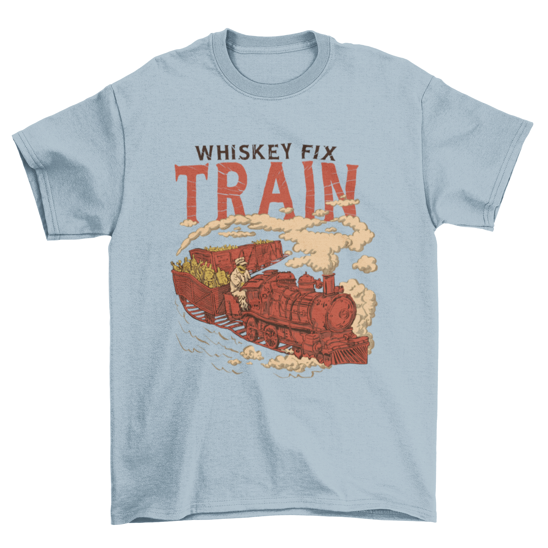 A colorful t-shirt design featuring a whimsical train carrying whiskey bottles and wrenches with the caption 'Whiskey Fix Train'.