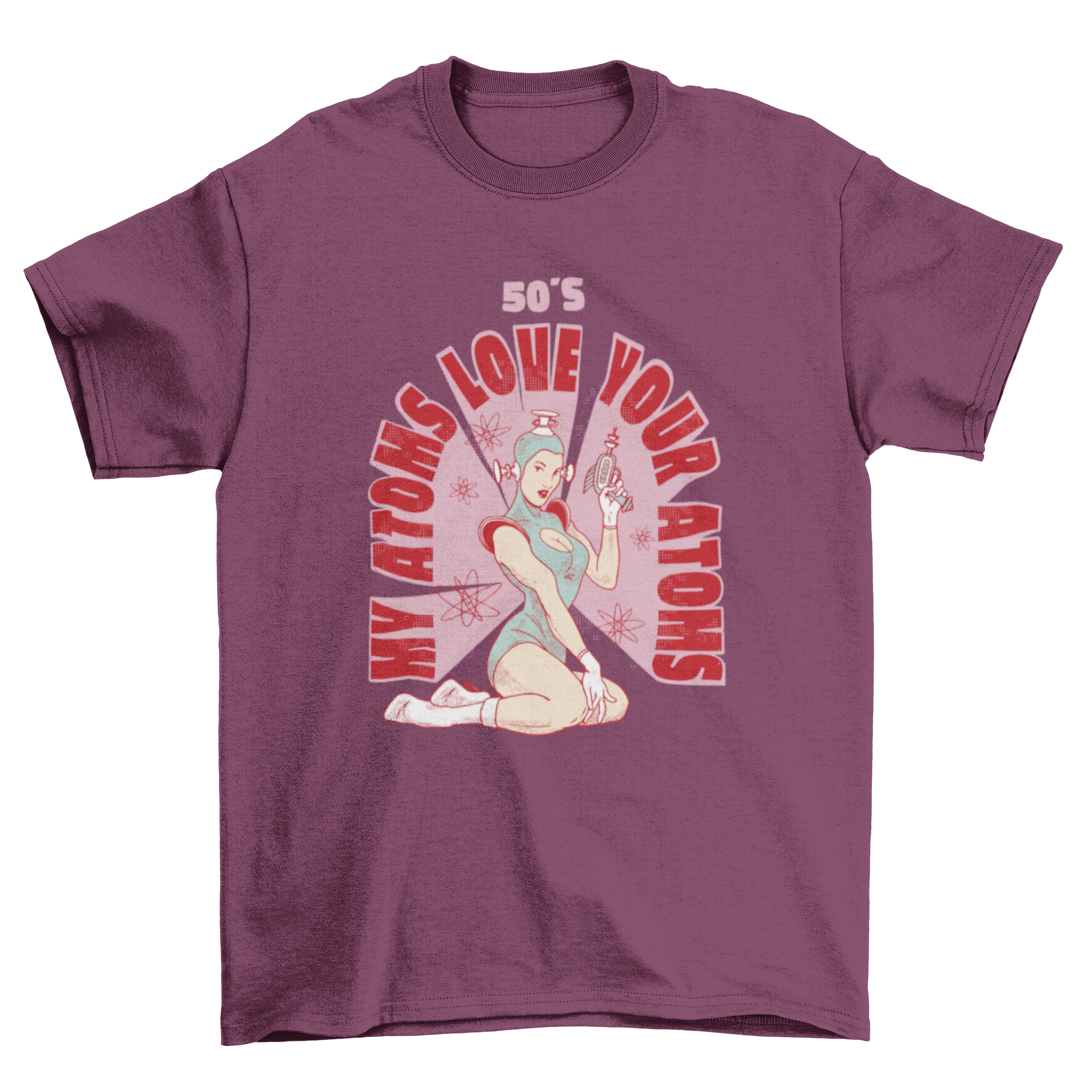 Futuristic 50's vintage science t-shirt featuring a futuristic girl and a playful quote about atoms.