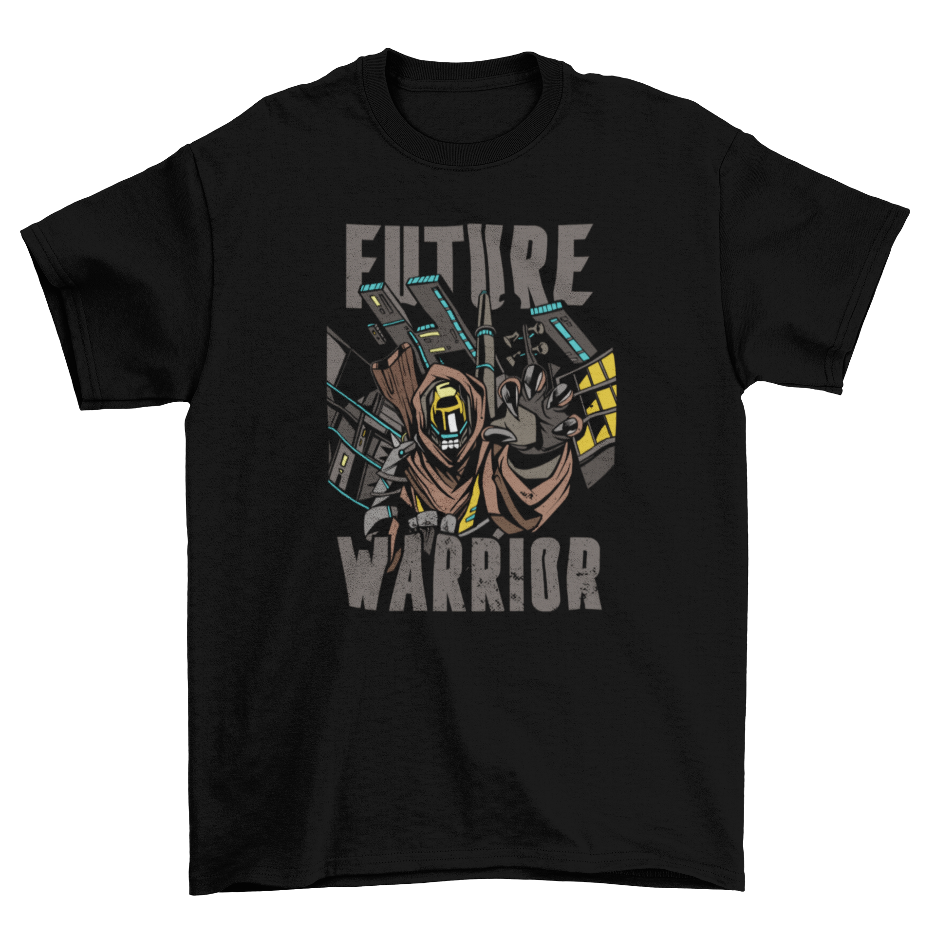 Future Warrior T-shirt featuring a futuristic character design with bold text.