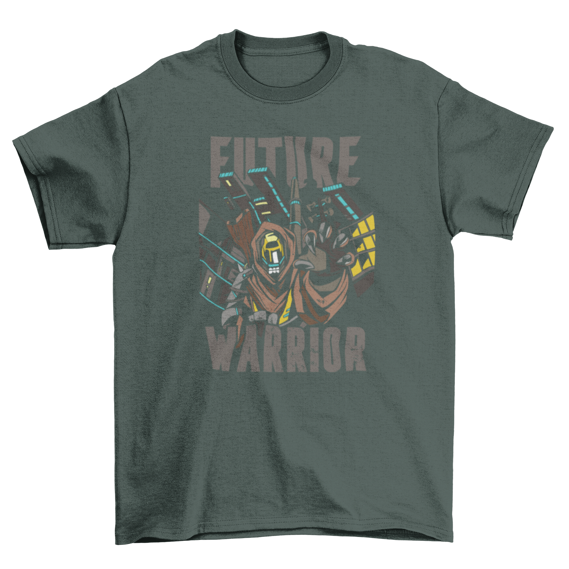 Future Warrior T-shirt featuring a futuristic character design with bold text.