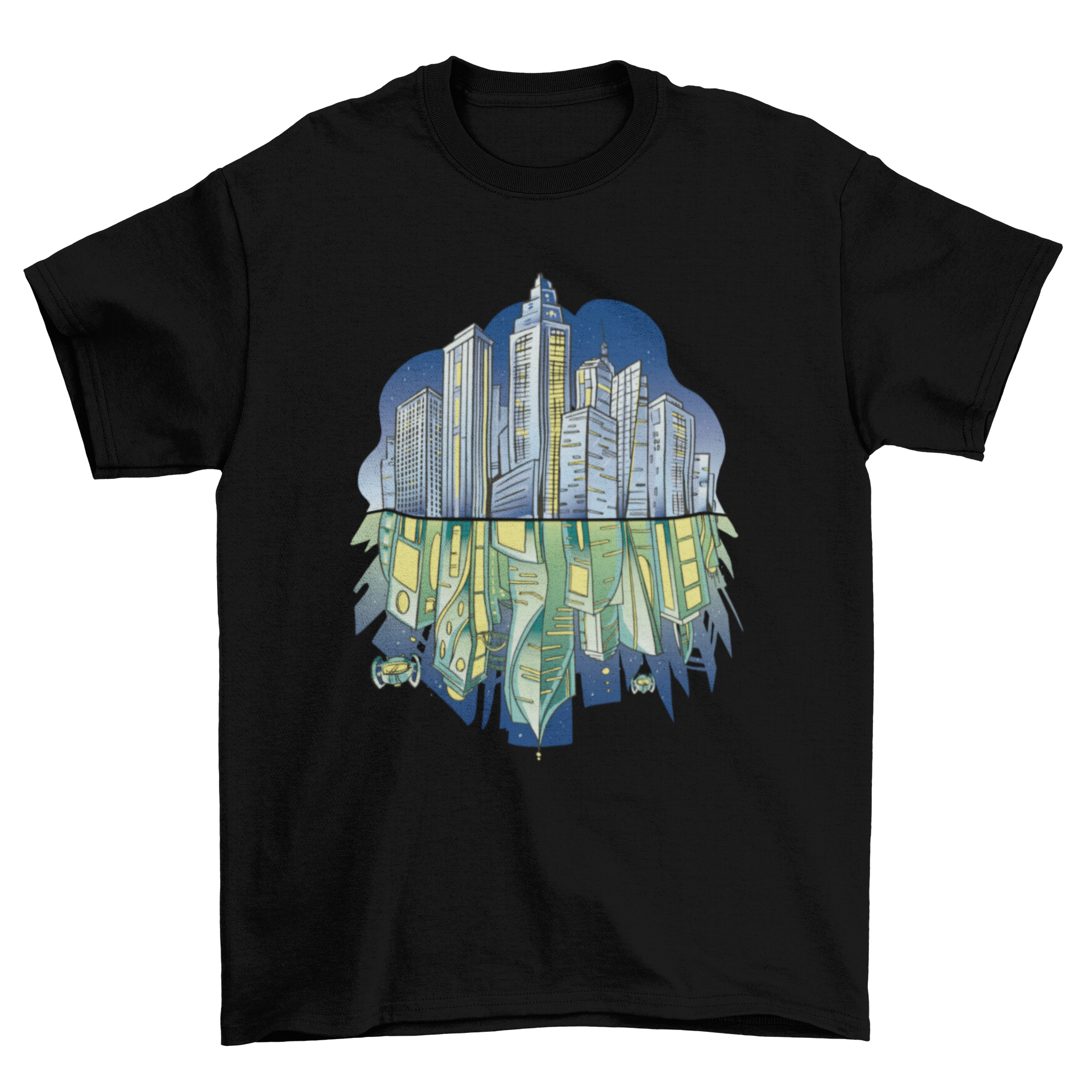 A stylish t-shirt featuring a futuristic city skyline at night with vibrant reflections.