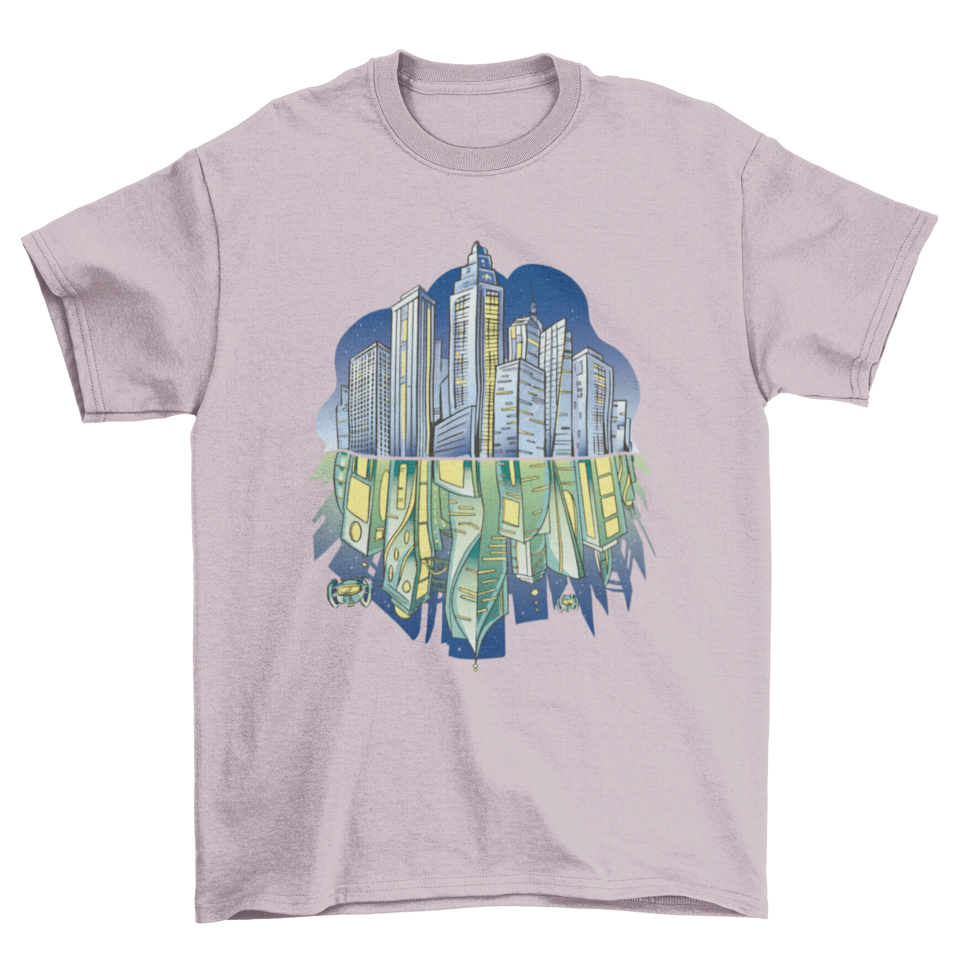 A stylish t-shirt featuring a futuristic city skyline at night with vibrant reflections.