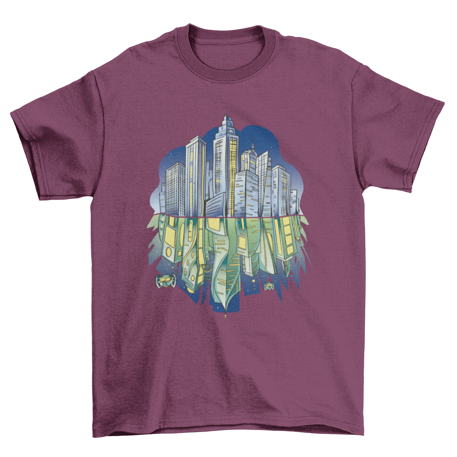 A stylish t-shirt featuring a futuristic city skyline at night with vibrant reflections.