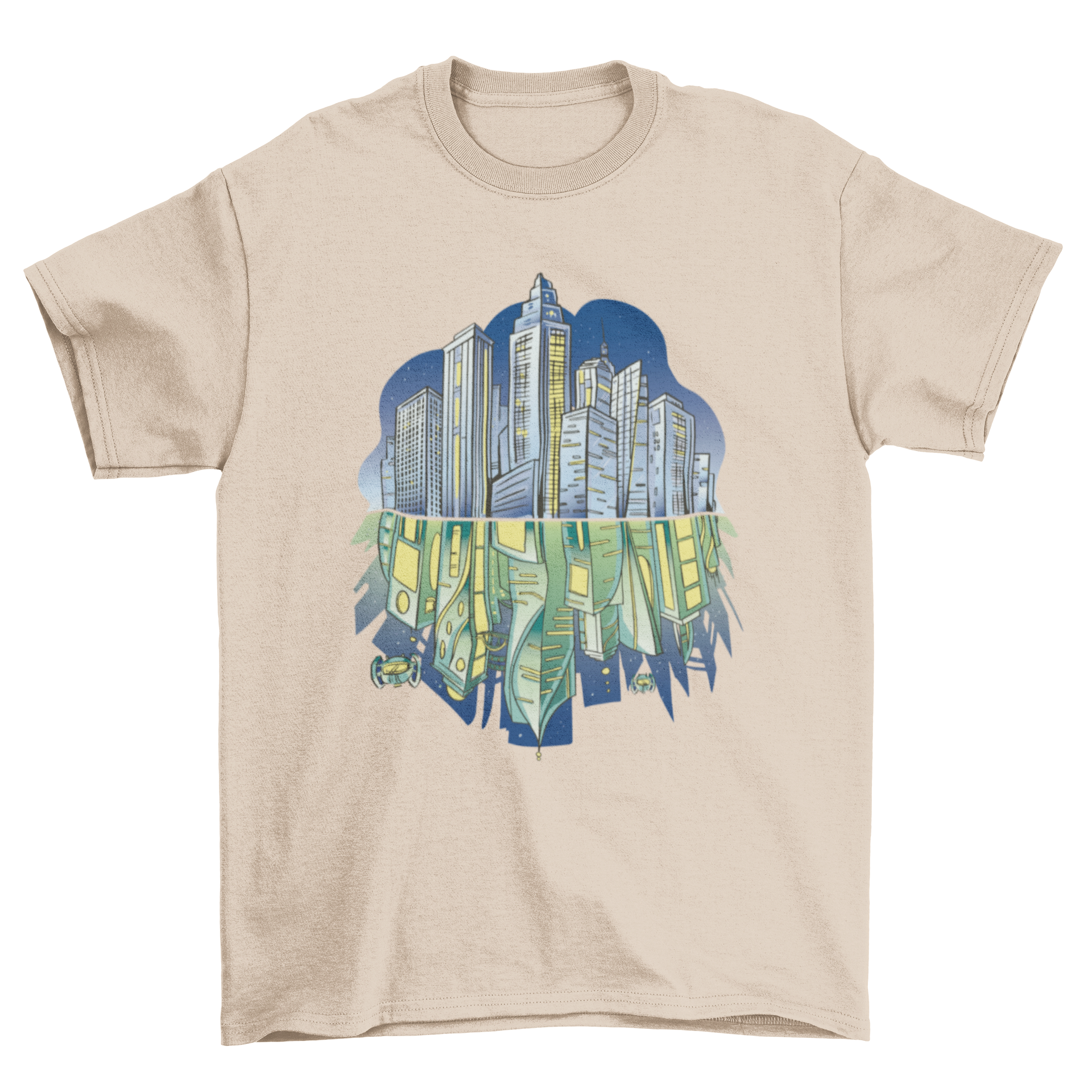 A stylish t-shirt featuring a futuristic city skyline at night with vibrant reflections.