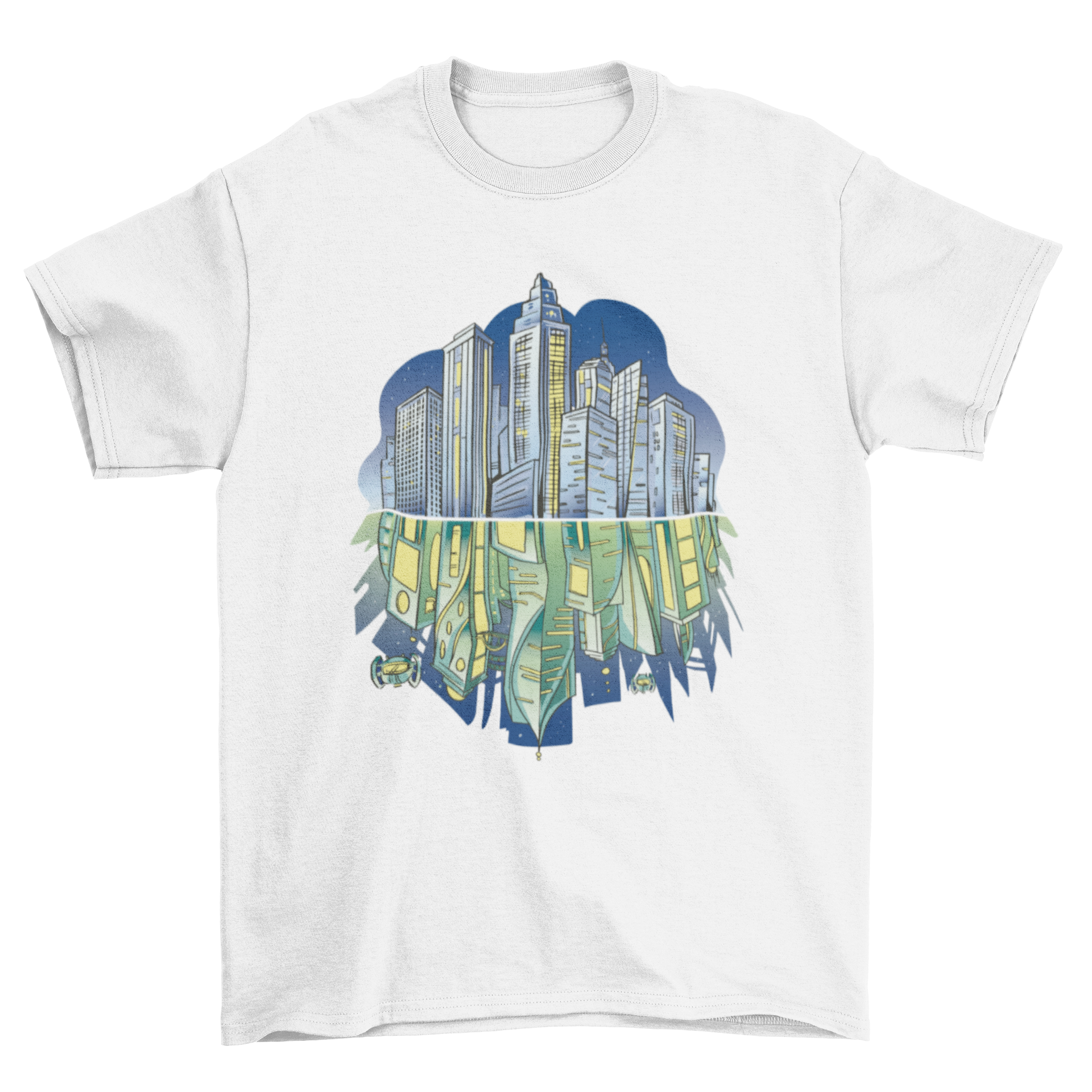 A stylish t-shirt featuring a futuristic city skyline at night with vibrant reflections.