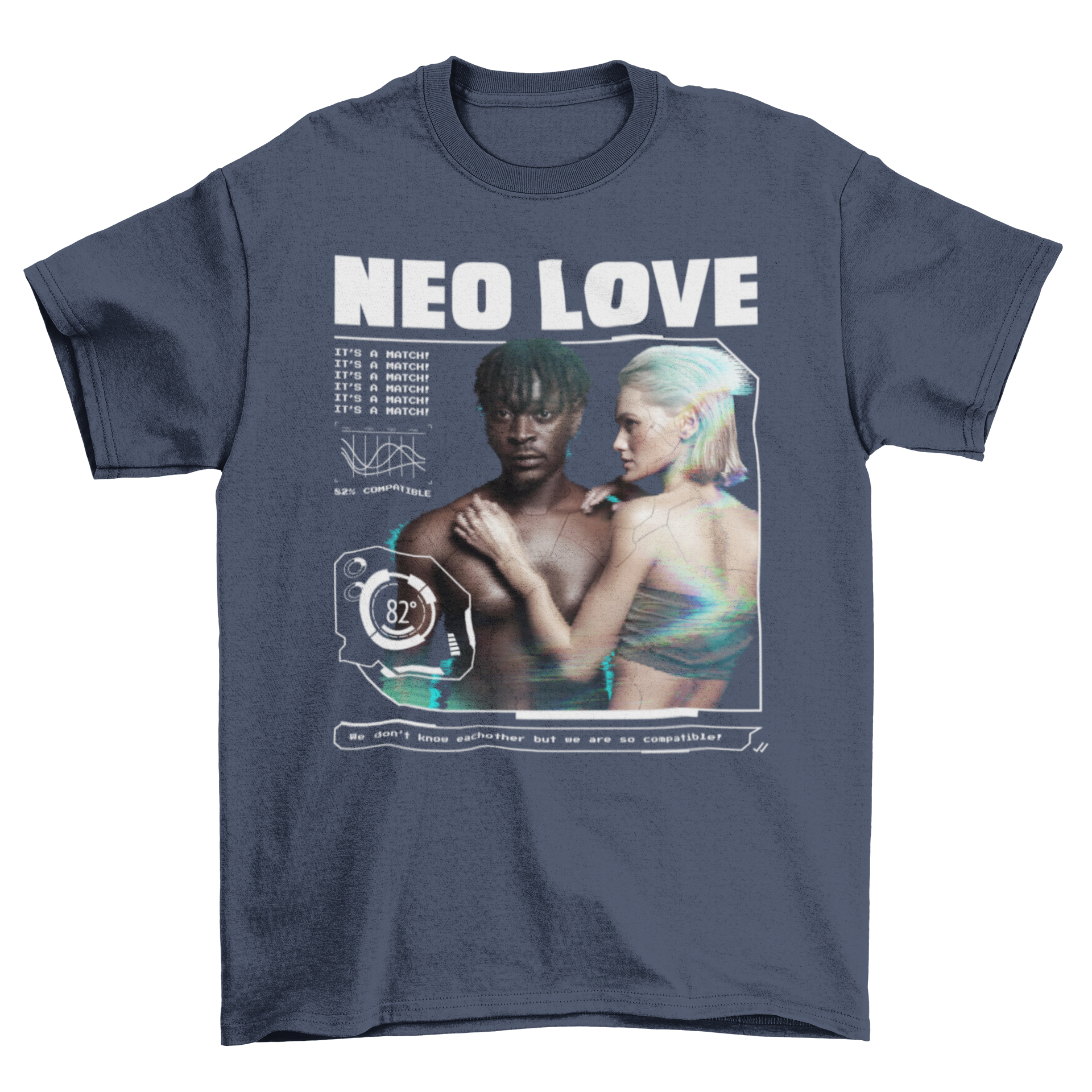 Futuristic couple t-shirt featuring a unique design with a couple and the quote 'Neo love'. Soft fabric and stylish fit.