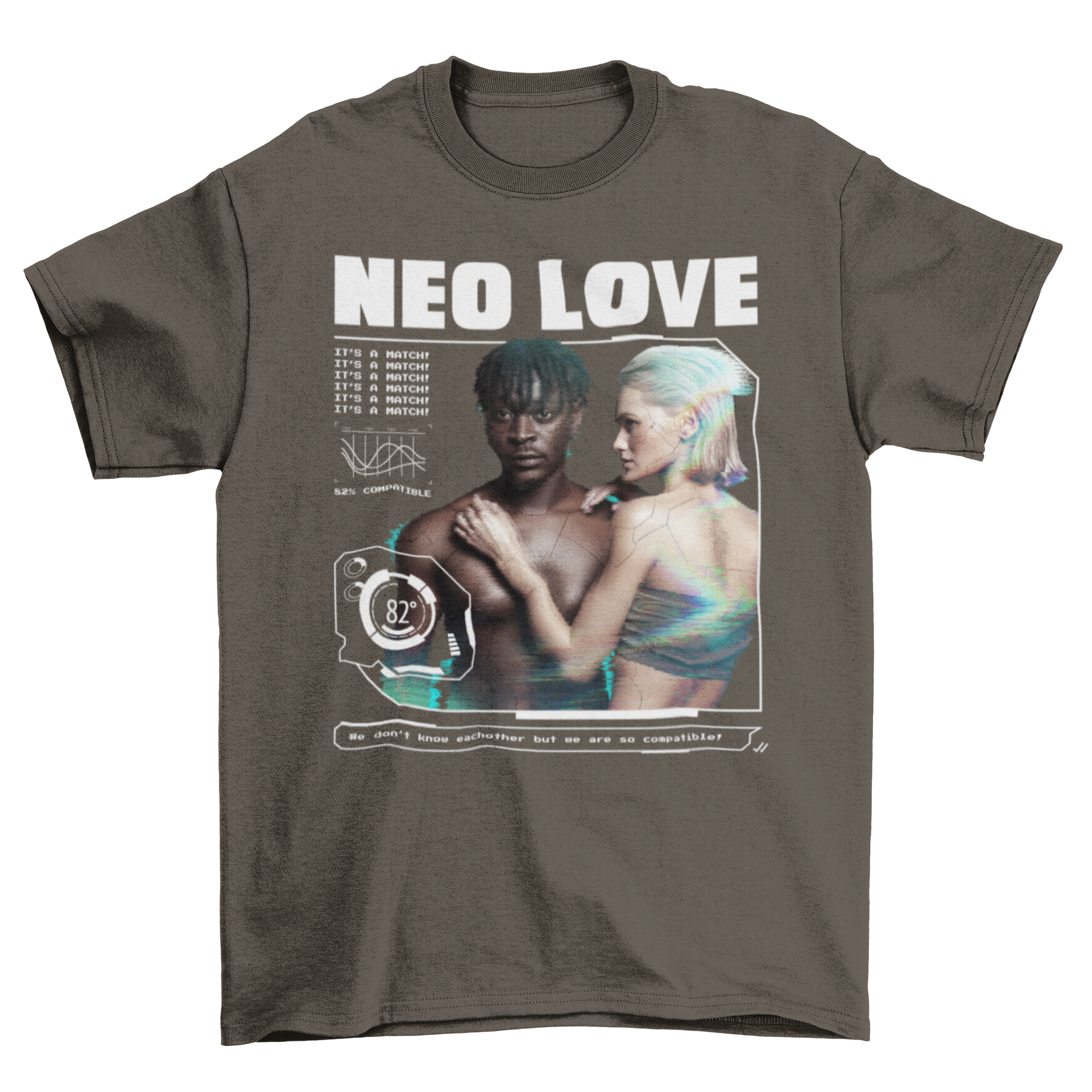 Futuristic couple t-shirt featuring a unique design with a couple and the quote 'Neo love'. Soft fabric and stylish fit.