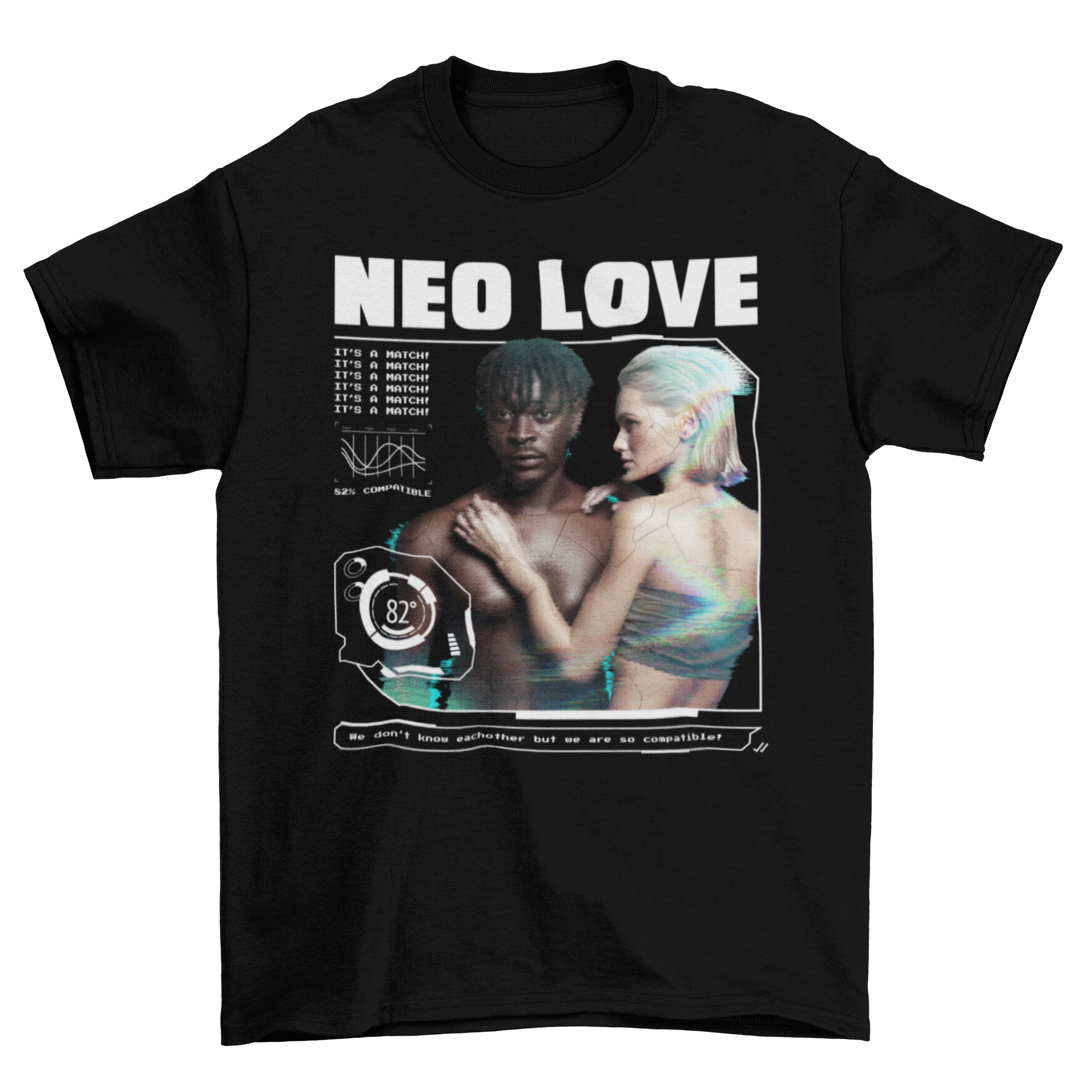 Futuristic couple t-shirt featuring a unique design with a couple and the quote 'Neo love'. Soft fabric and stylish fit.