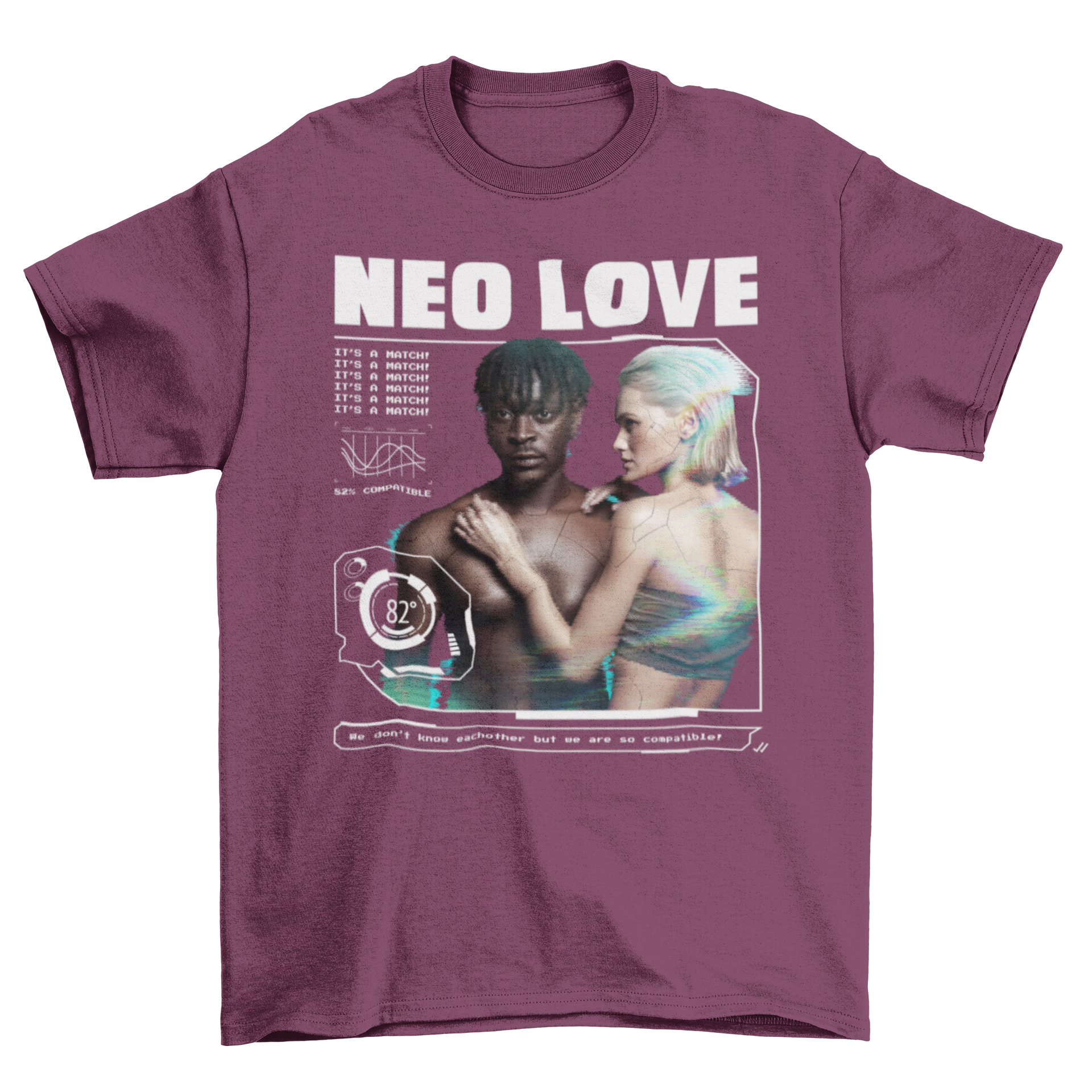 Futuristic couple t-shirt featuring a unique design with a couple and the quote 'Neo love'. Soft fabric and stylish fit.