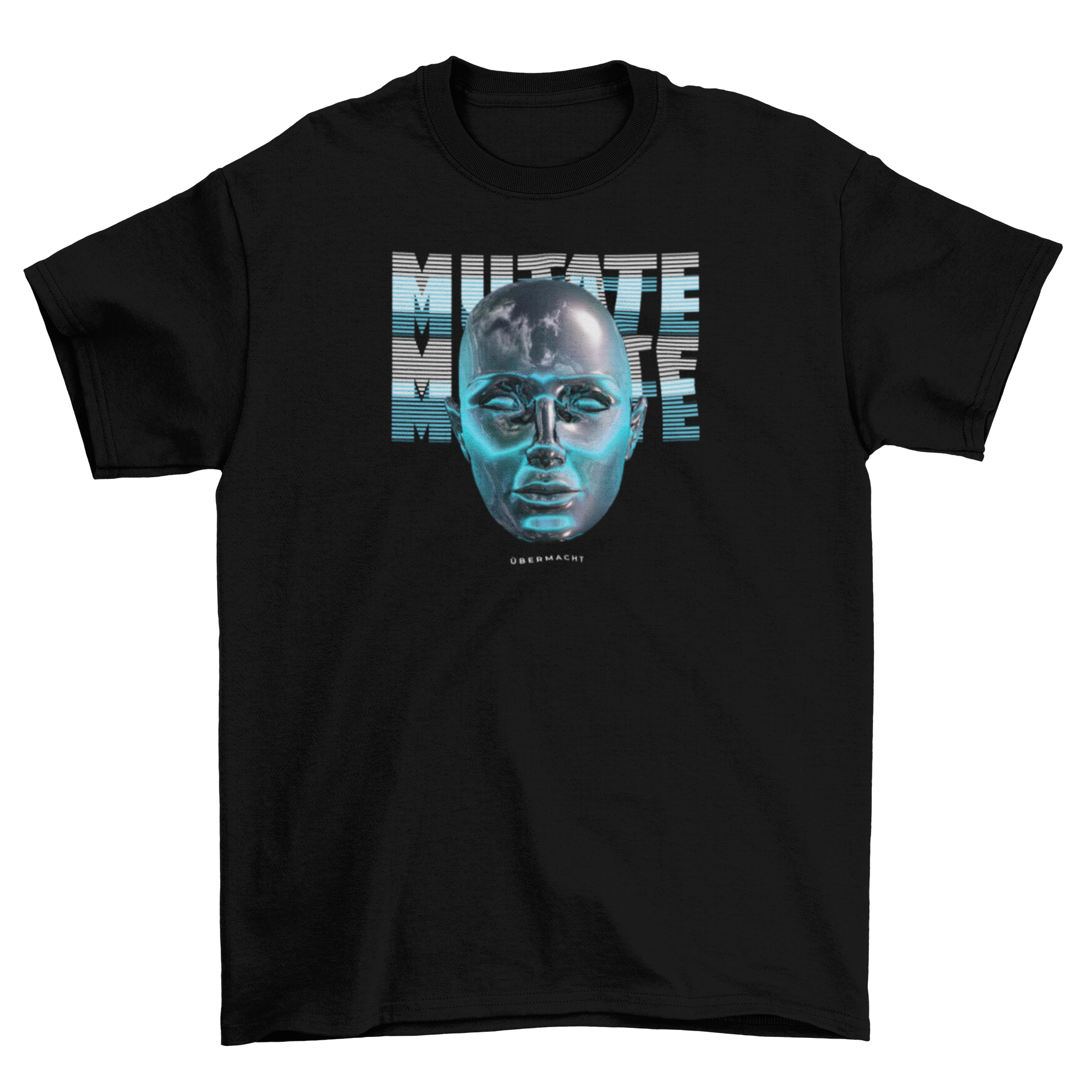 Futuristic head t-shirt featuring a unique design and the quote 'Mutate' in bold lettering.