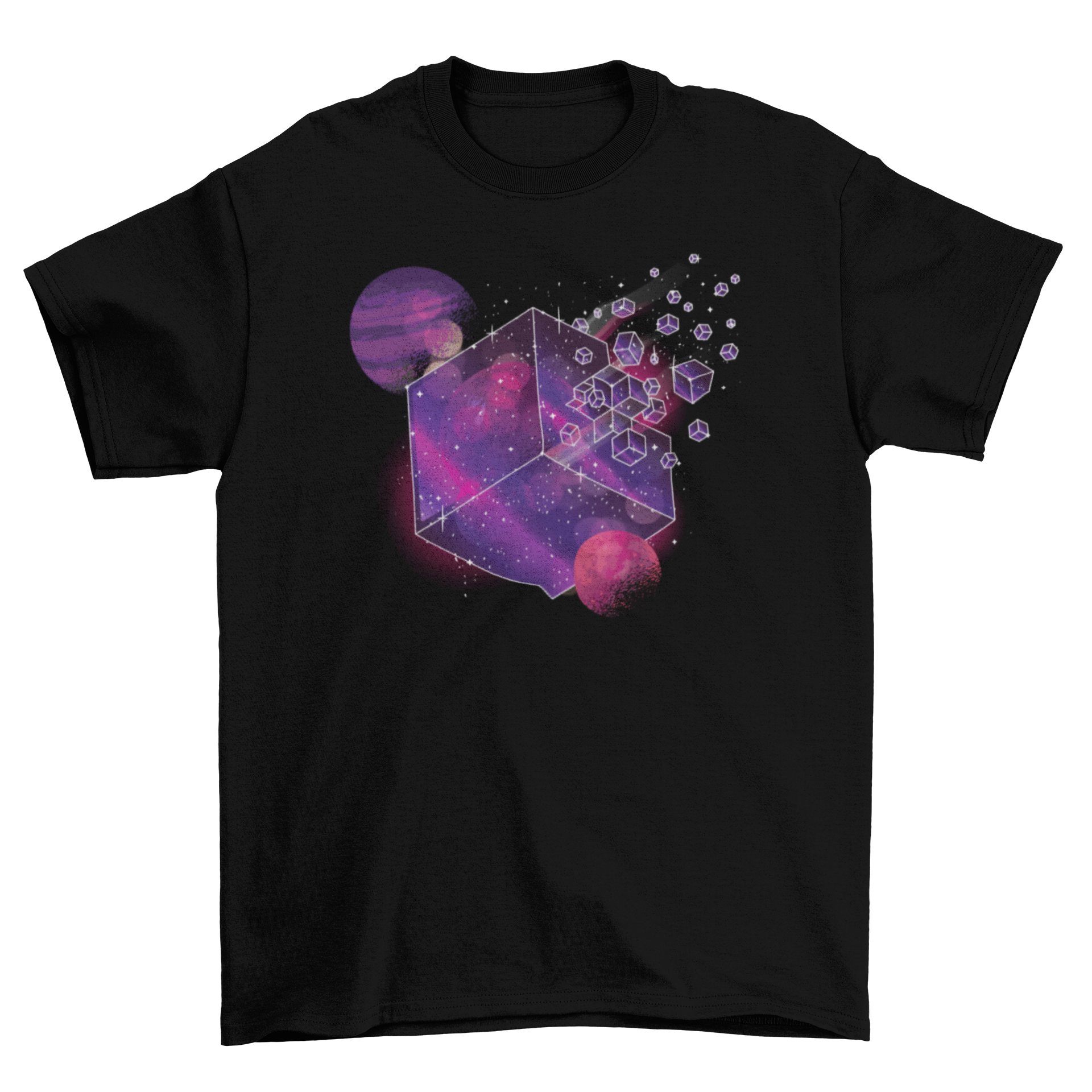 Galaxy Cube T-Shirt featuring a cube design fading into smaller parts with a vibrant space galaxy background.