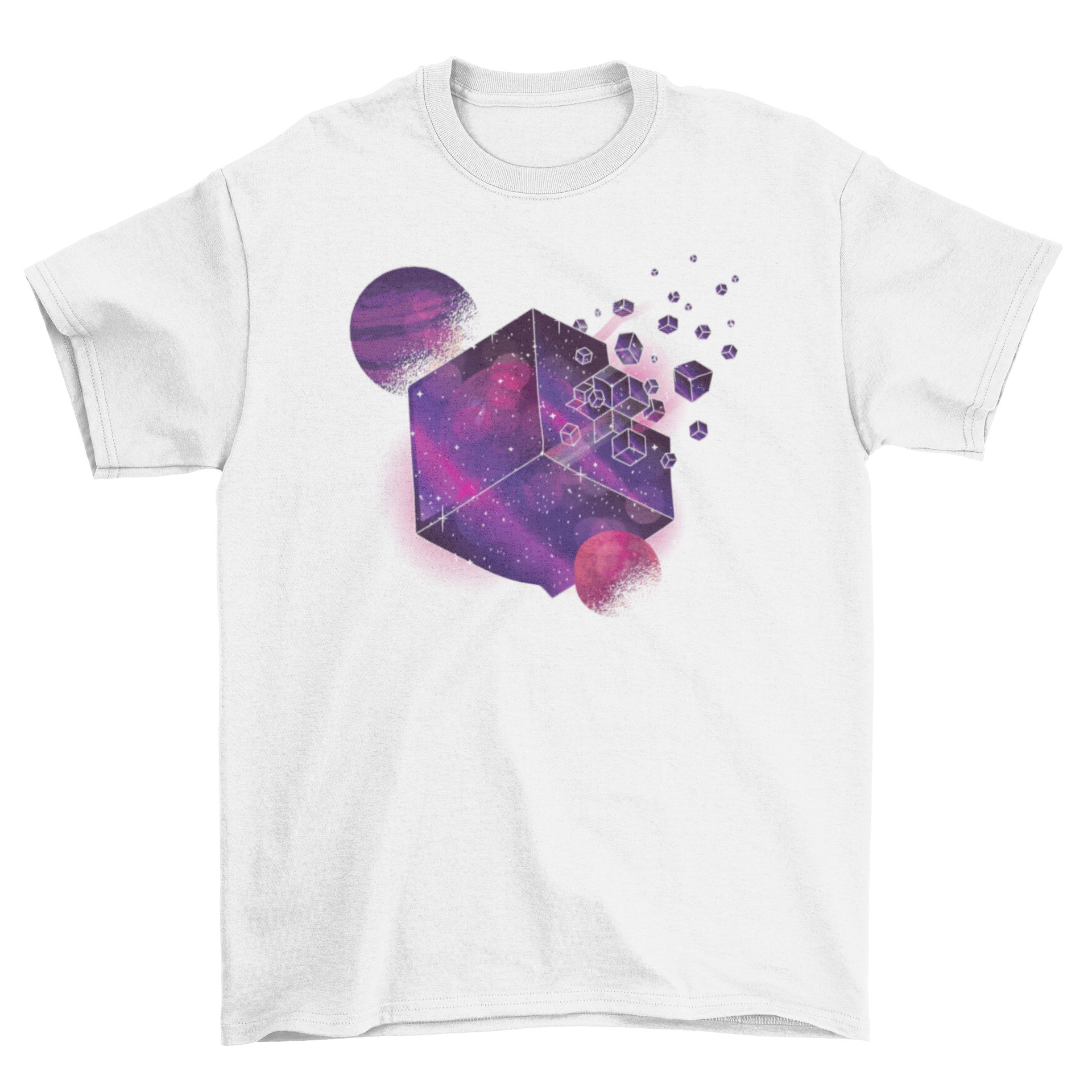 Galaxy Cube T-Shirt featuring a cube design fading into smaller parts with a vibrant space galaxy background.