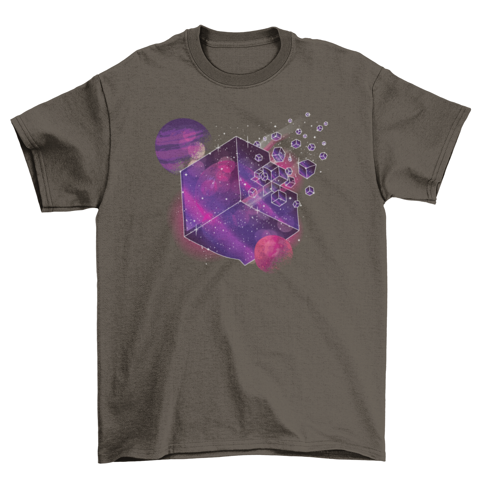 Galaxy Cube T-Shirt featuring a cube design fading into smaller parts with a vibrant space galaxy background.