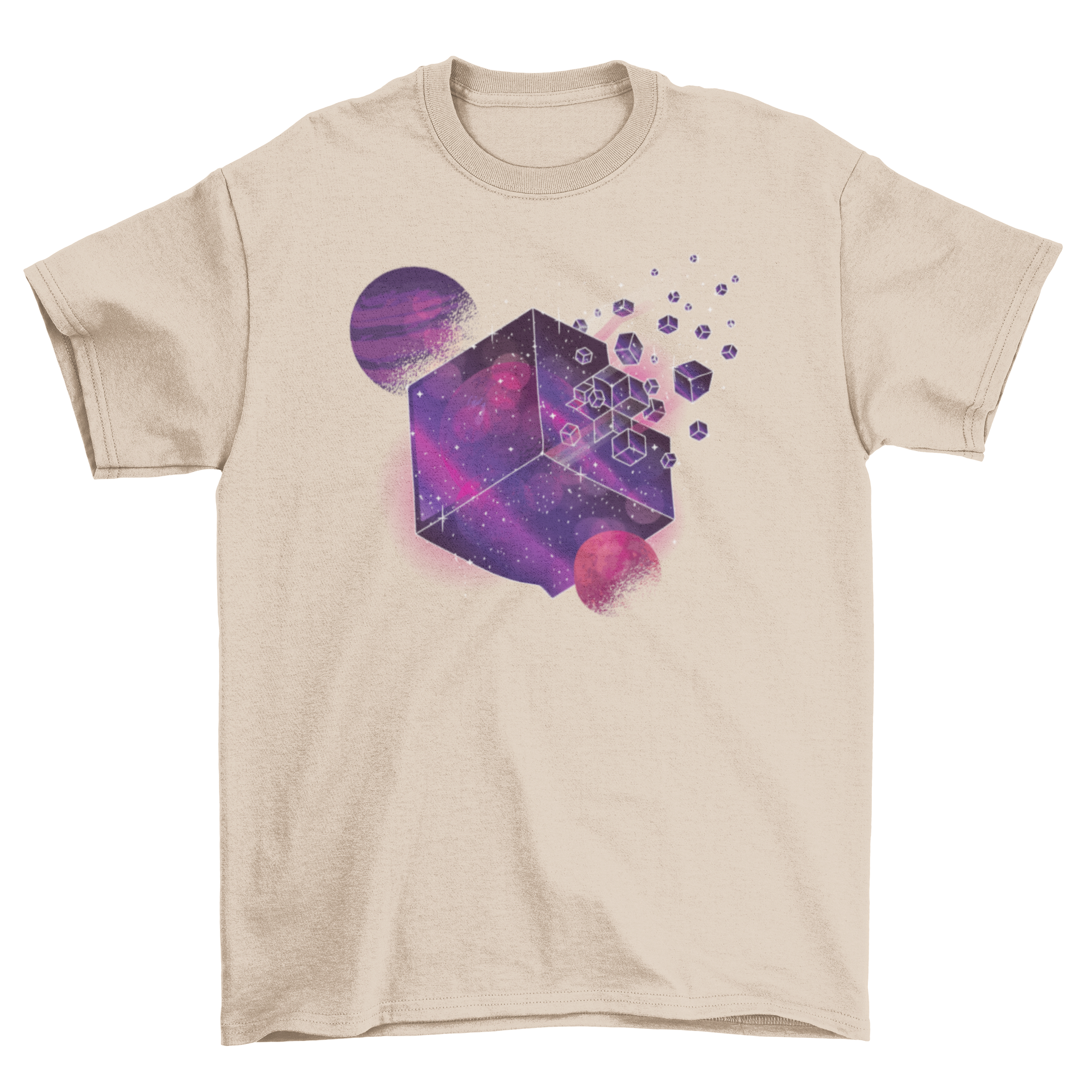 Galaxy Cube T-Shirt featuring a cube design fading into smaller parts with a vibrant space galaxy background.