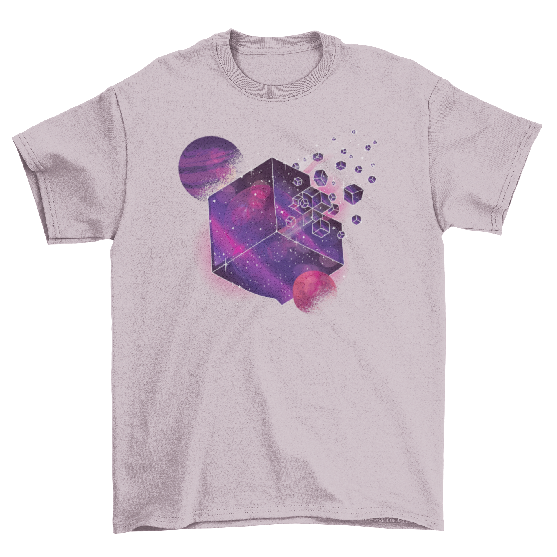 Galaxy Cube T-Shirt featuring a cube design fading into smaller parts with a vibrant space galaxy background.