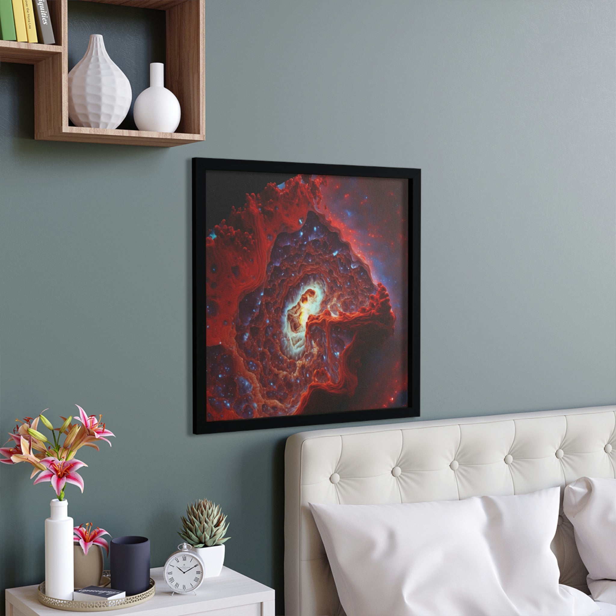 Galaxy Effects Framed Poster featuring a vibrant galaxy design in a hand-crafted wooden frame, ready for hanging.