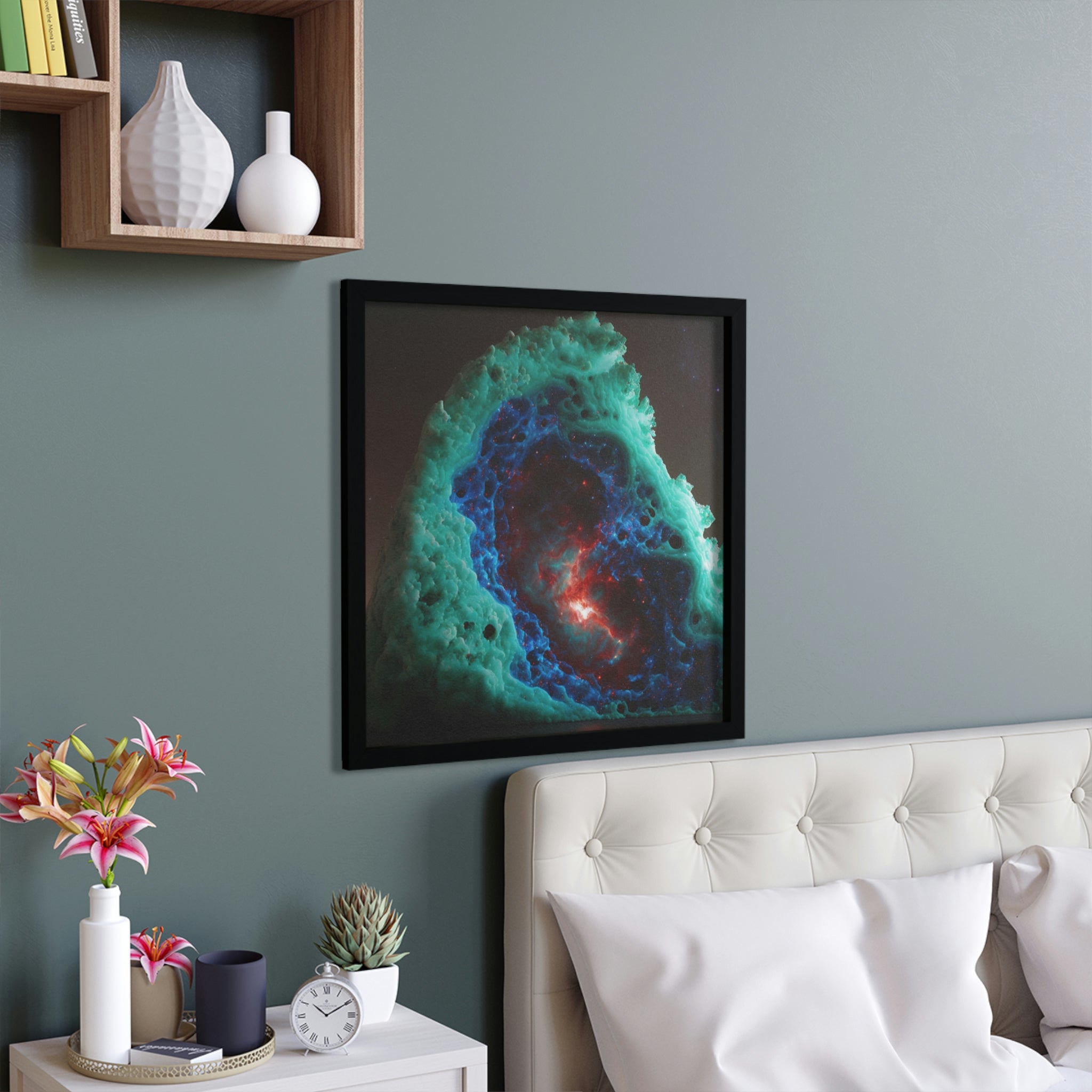 A stunning Galaxy Effects Framed Poster featuring a vibrant cosmic design in a hand-crafted wooden frame, ready to enhance any space.