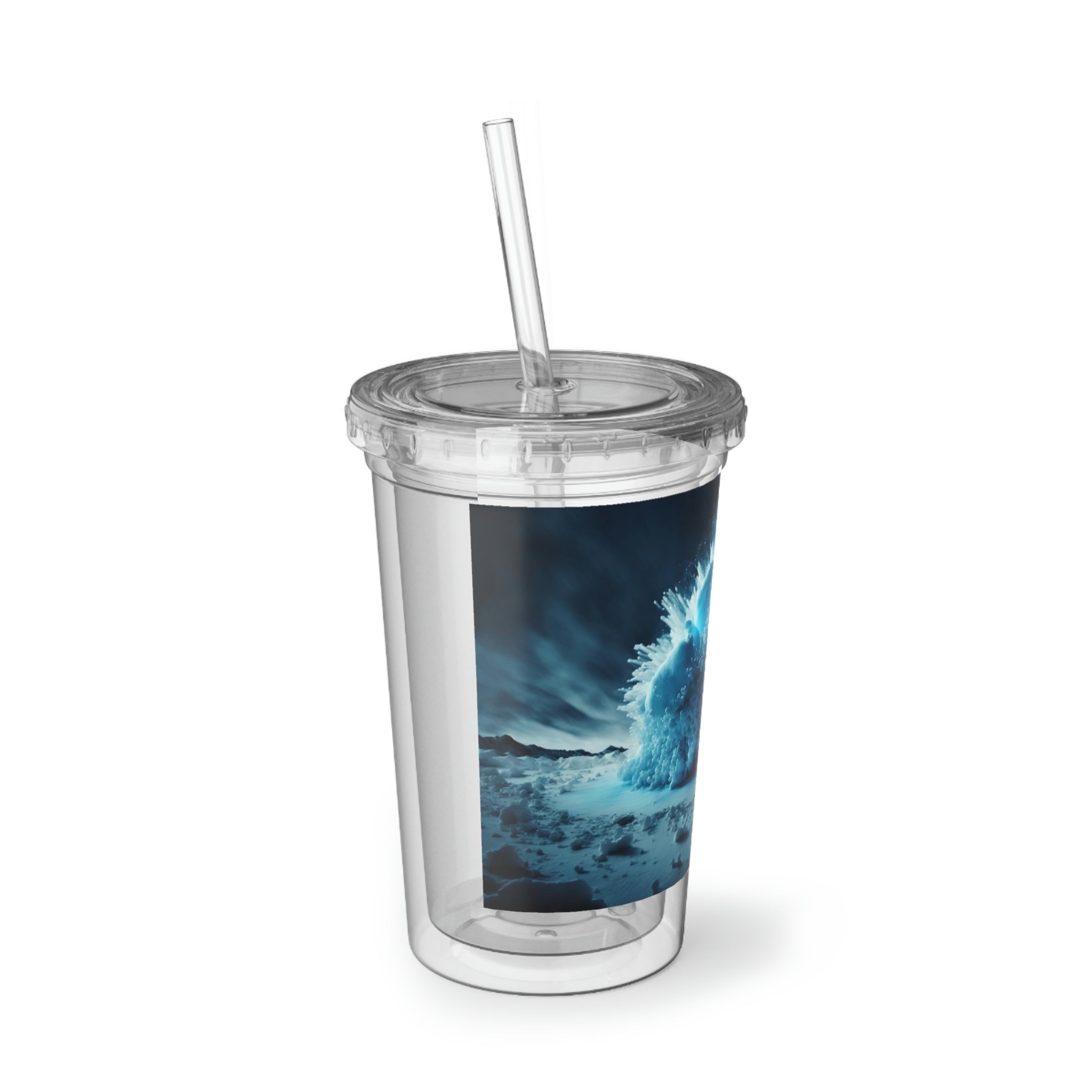 Galaxy Effects Suave Acrylic Cup showcasing a sleek stainless steel design with a black plastic screw-on cap and a straw.