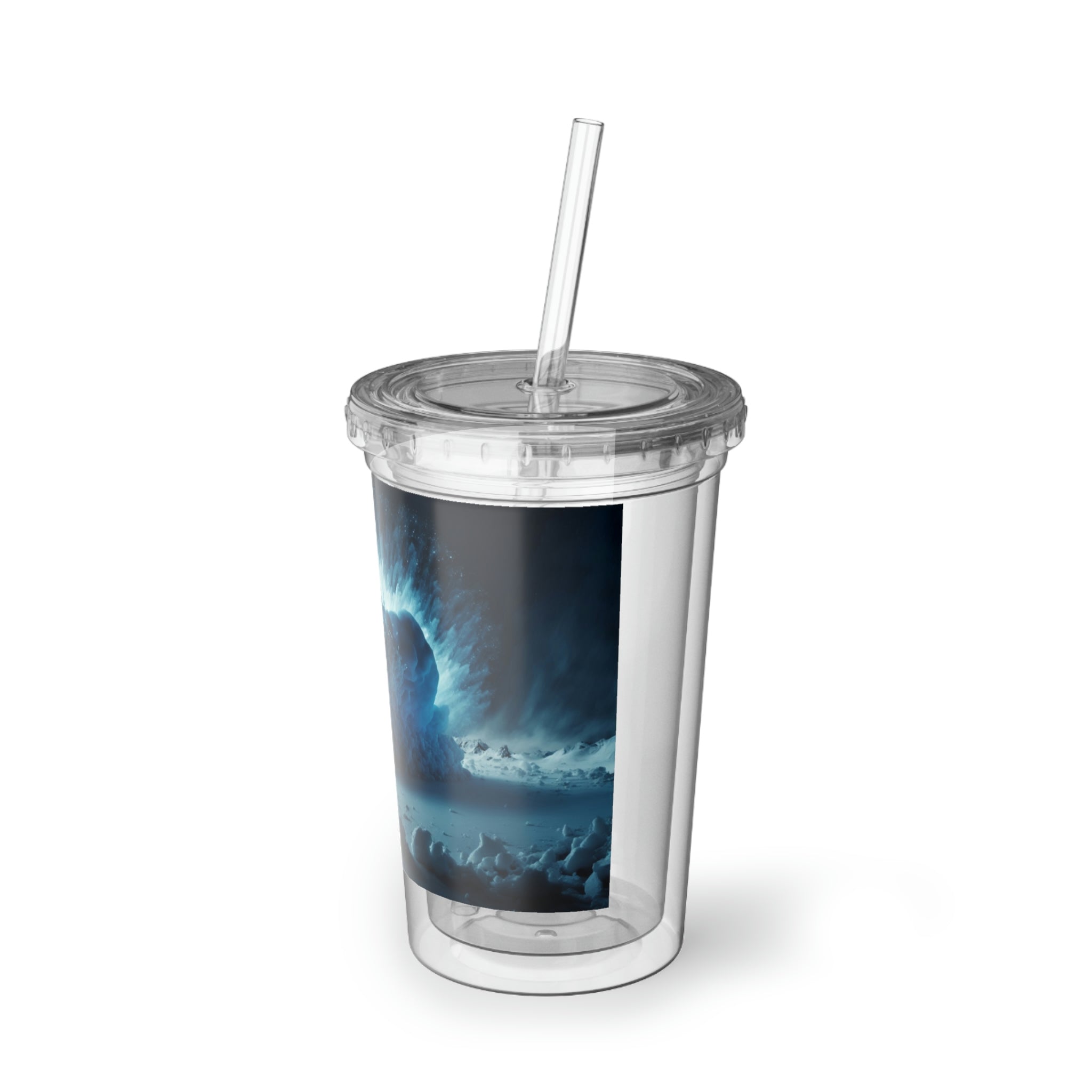 Galaxy Effects Suave Acrylic Cup showcasing a sleek stainless steel design with a black plastic screw-on cap and a straw.